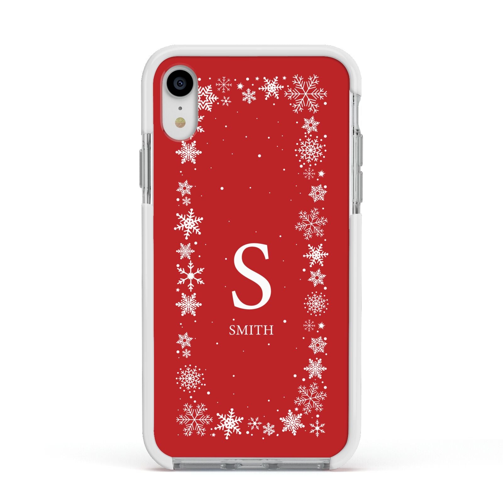 Festive Monogram Personalised Apple iPhone XR Impact Case White Edge on Silver Phone