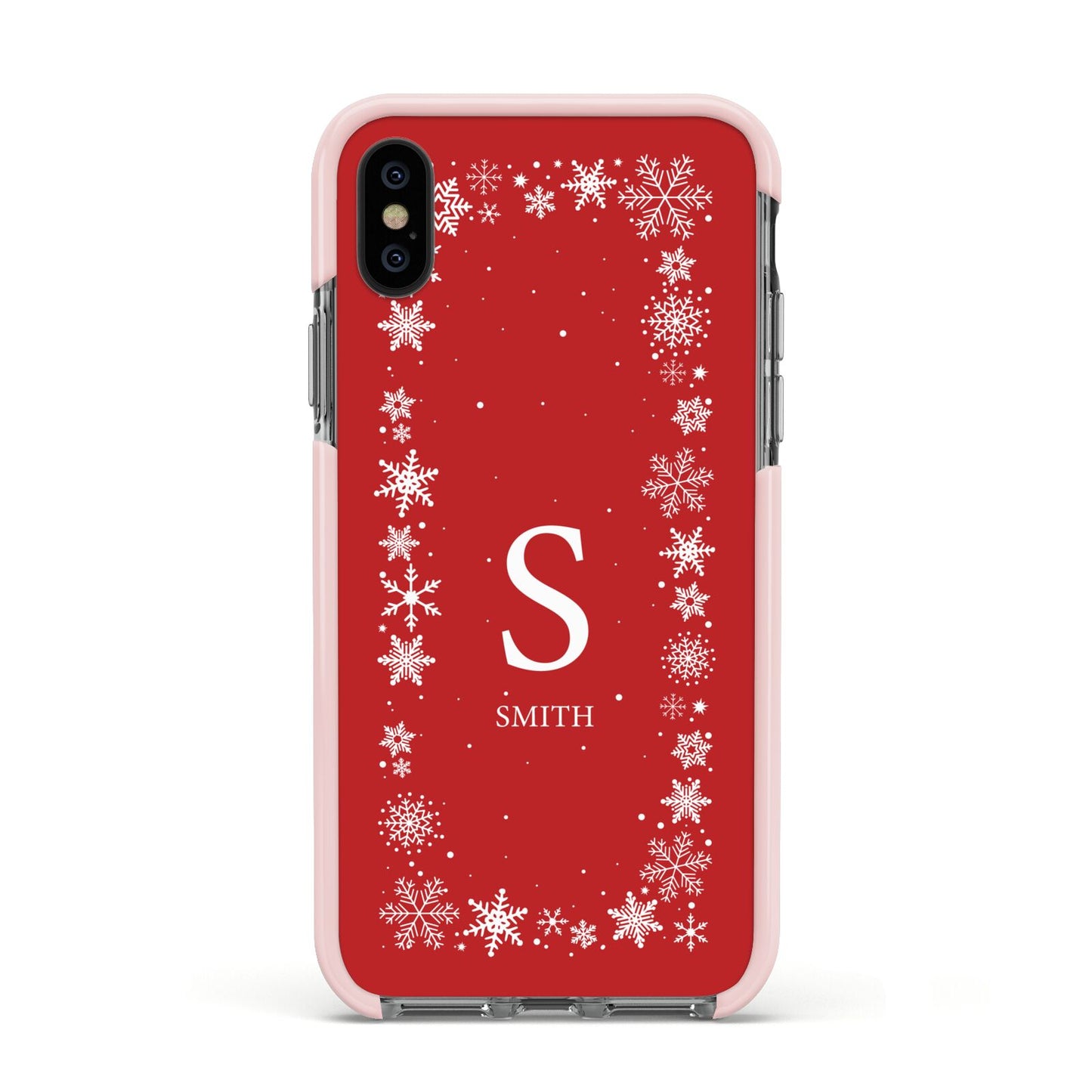 Festive Monogram Personalised Apple iPhone Xs Impact Case Pink Edge on Black Phone