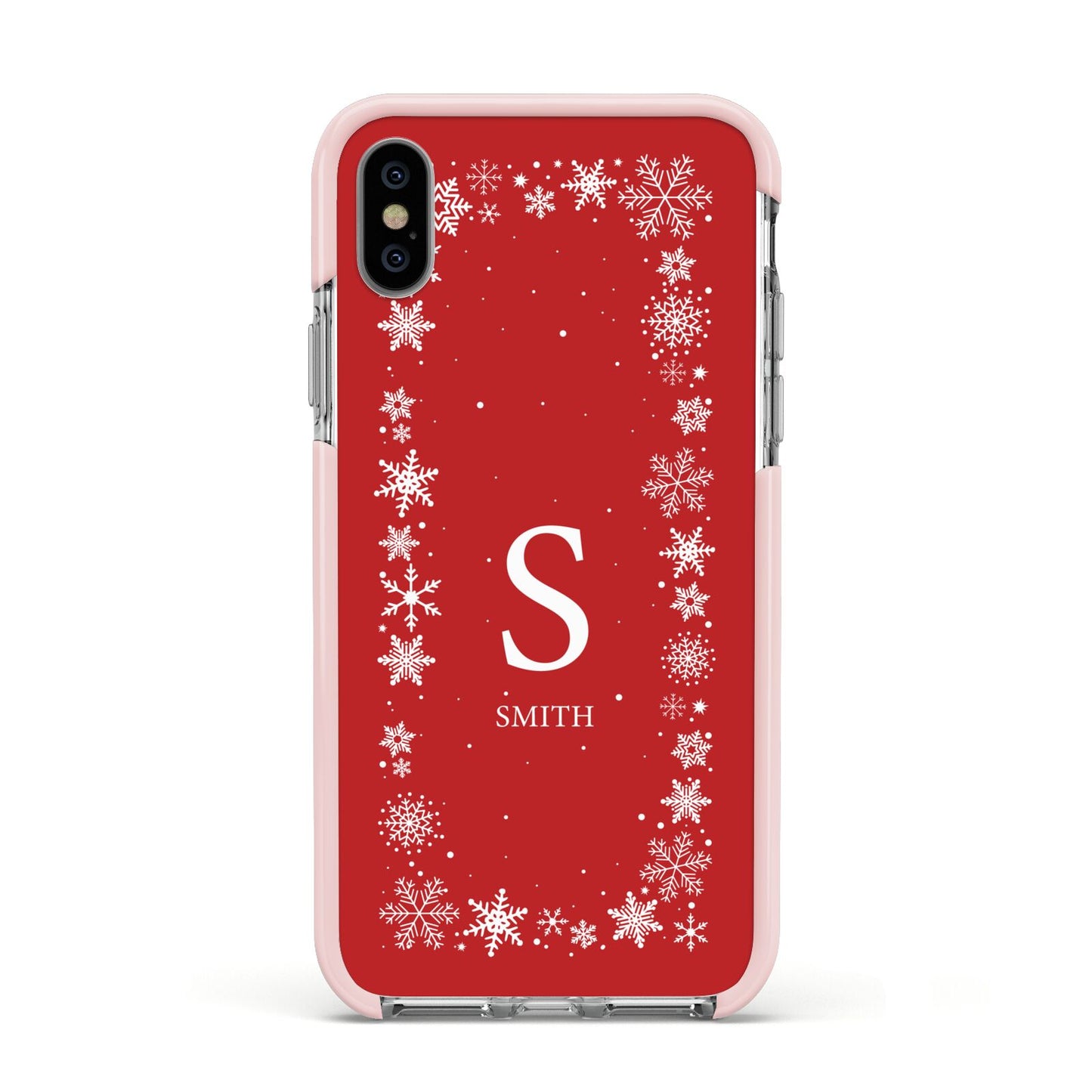 Festive Monogram Personalised Apple iPhone Xs Impact Case Pink Edge on Silver Phone