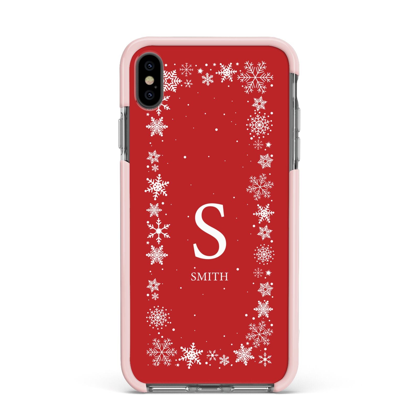 Festive Monogram Personalised Apple iPhone Xs Max Impact Case Pink Edge on Black Phone