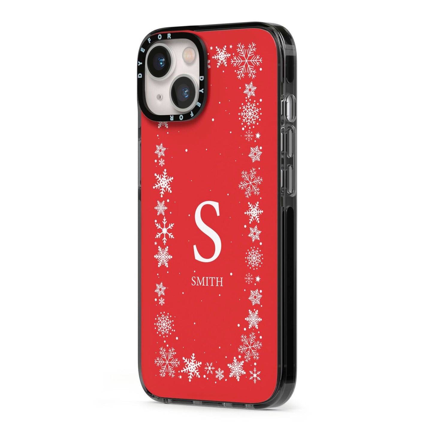 Festive Monogram Personalised iPhone 13 Black Impact Case Side Angle on Silver phone