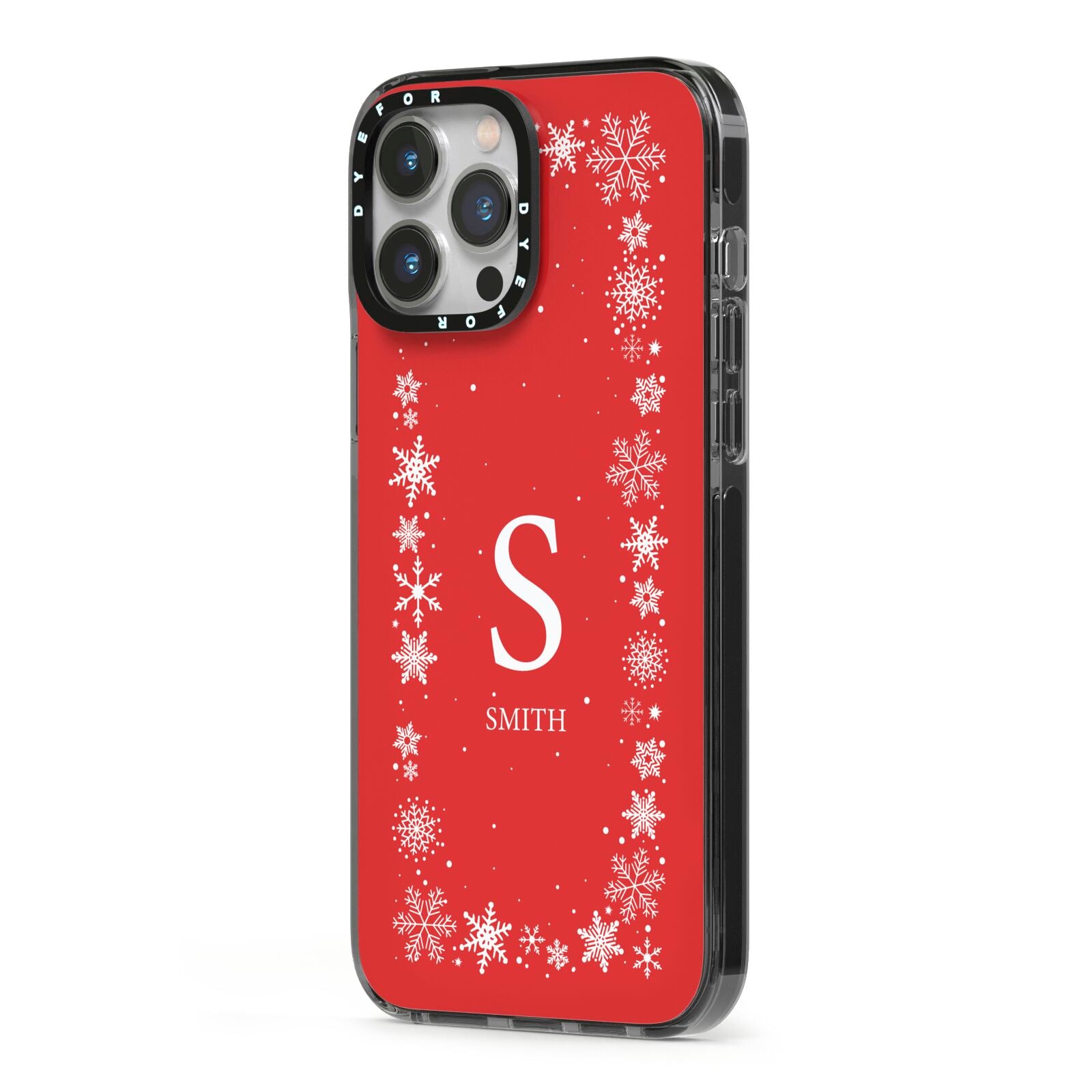 Festive Monogram Personalised iPhone 13 Pro Max Black Impact Case Side Angle on Silver phone