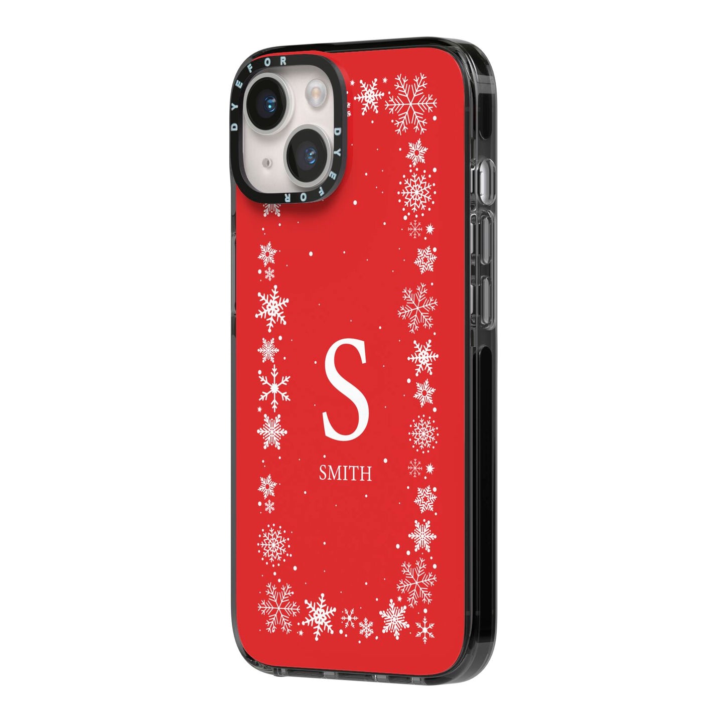 Festive Monogram Personalised iPhone 14 Black Impact Case Side Angle on Silver phone