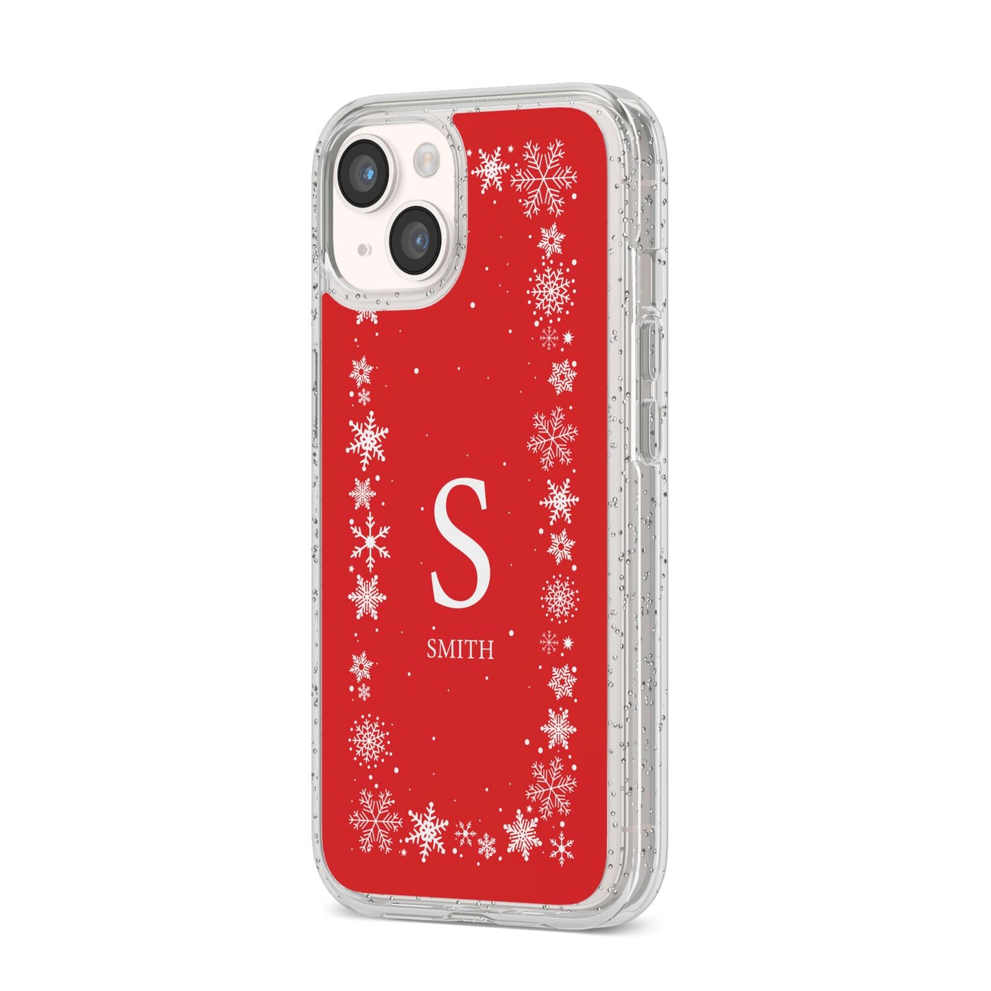 Festive Monogram Personalised iPhone 14 Glitter Tough Case Starlight Angled Image