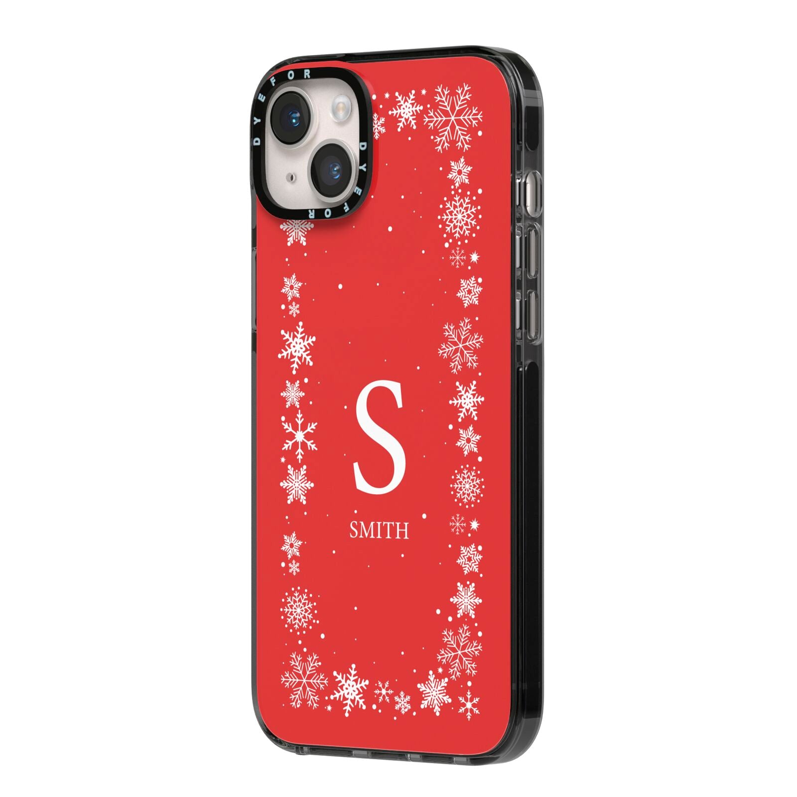 Festive Monogram Personalised iPhone 14 Plus Black Impact Case Side Angle on Silver phone