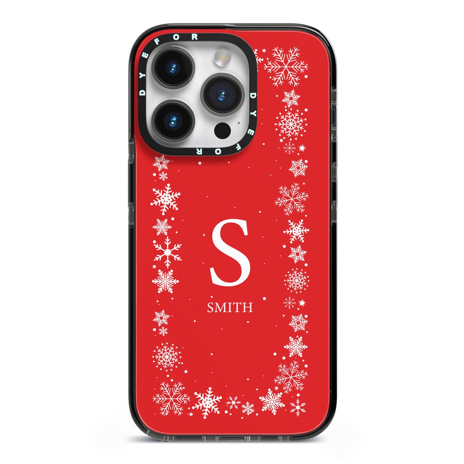 Festive Monogram Personalised iPhone 14 Pro Black Impact Case on Silver phone