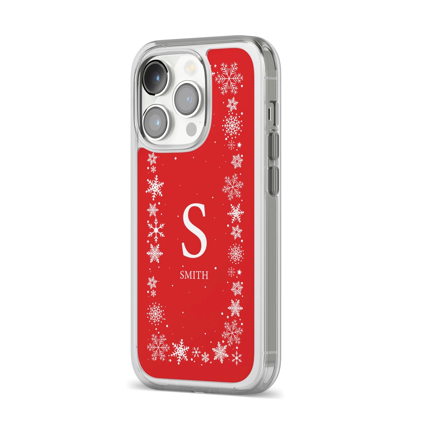 Festive Monogram Personalised iPhone 14 Pro Clear Tough Case Silver Angled Image