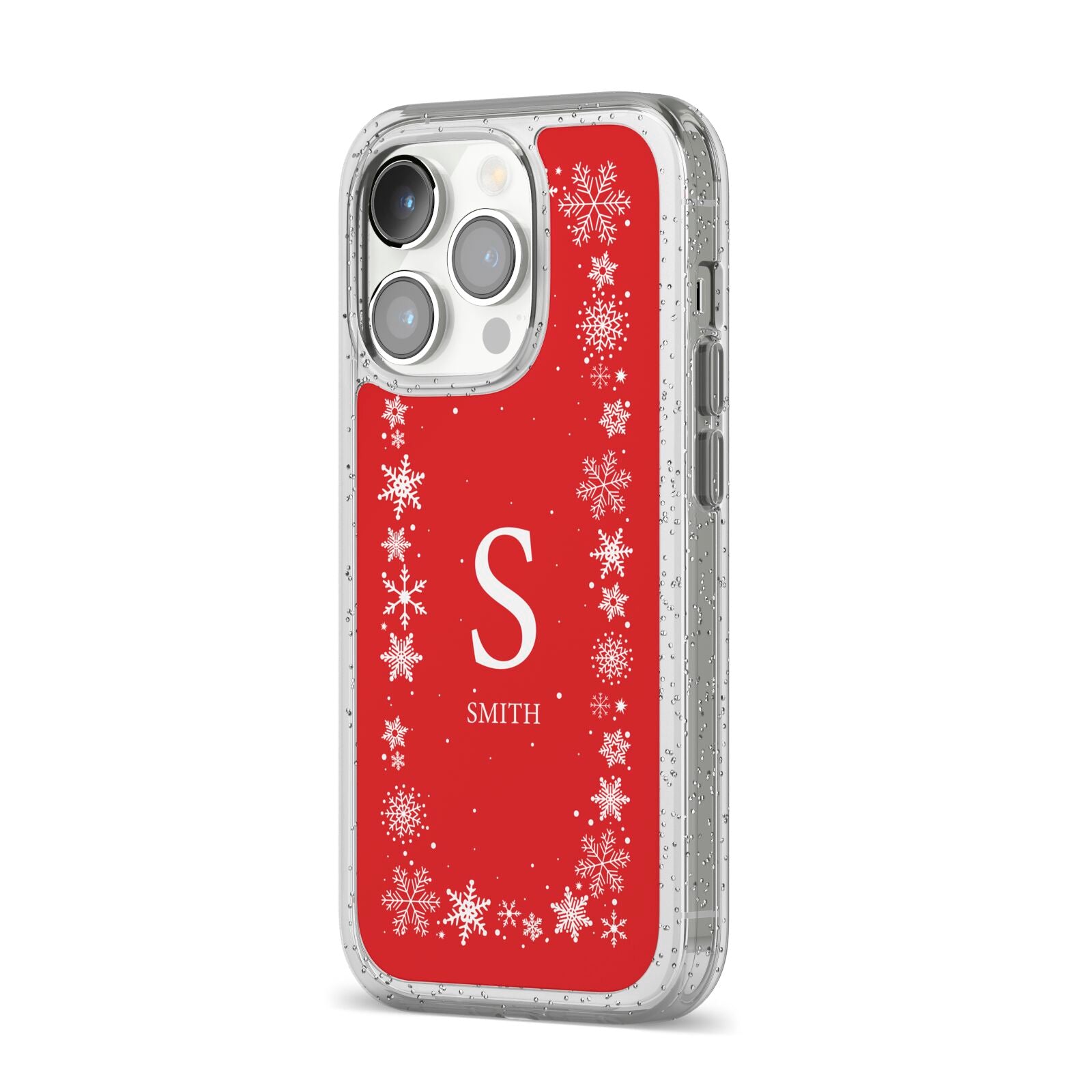 Festive Monogram Personalised iPhone 14 Pro Glitter Tough Case Silver Angled Image