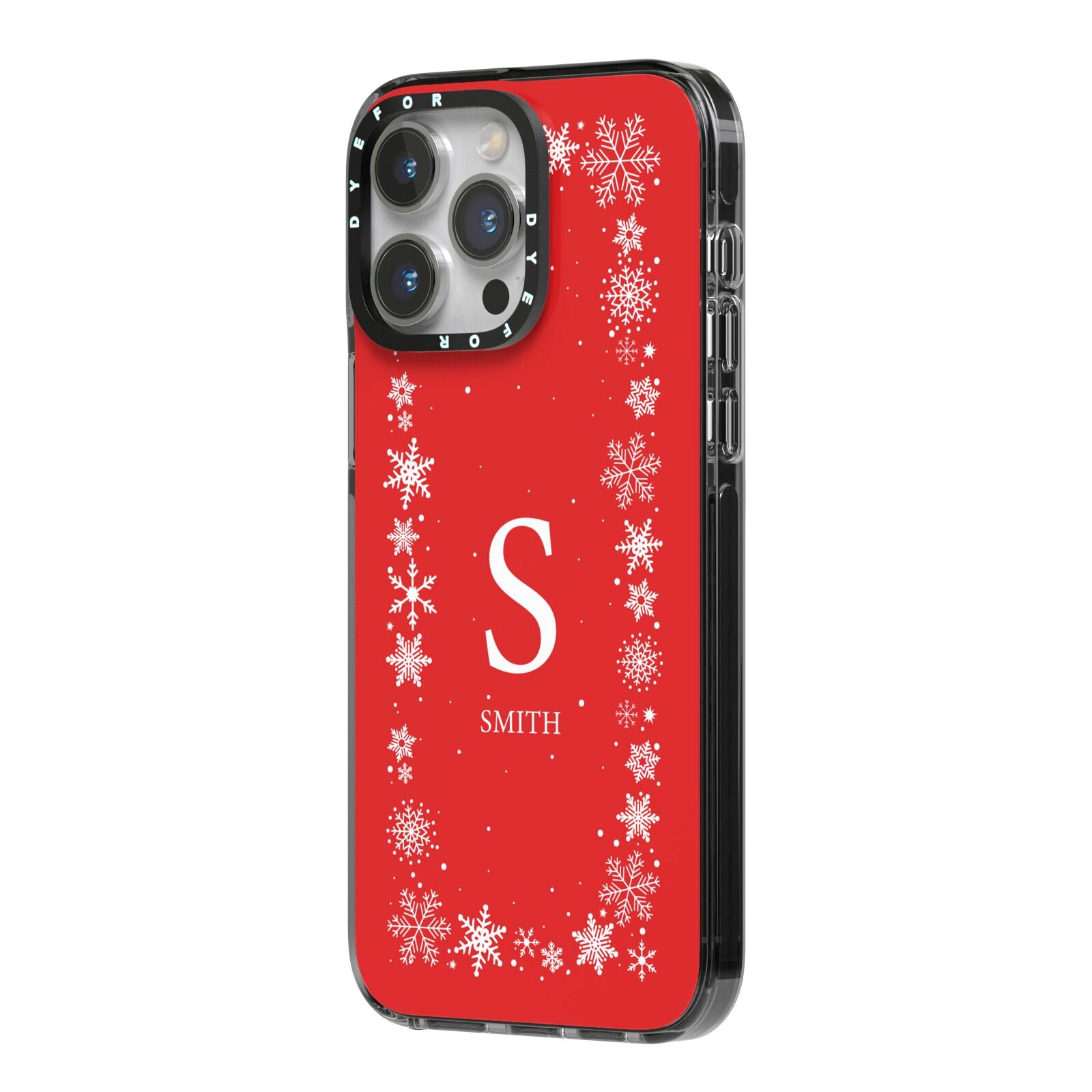 Festive Monogram Personalised iPhone 14 Pro Max Black Impact Case Side Angle on Silver phone