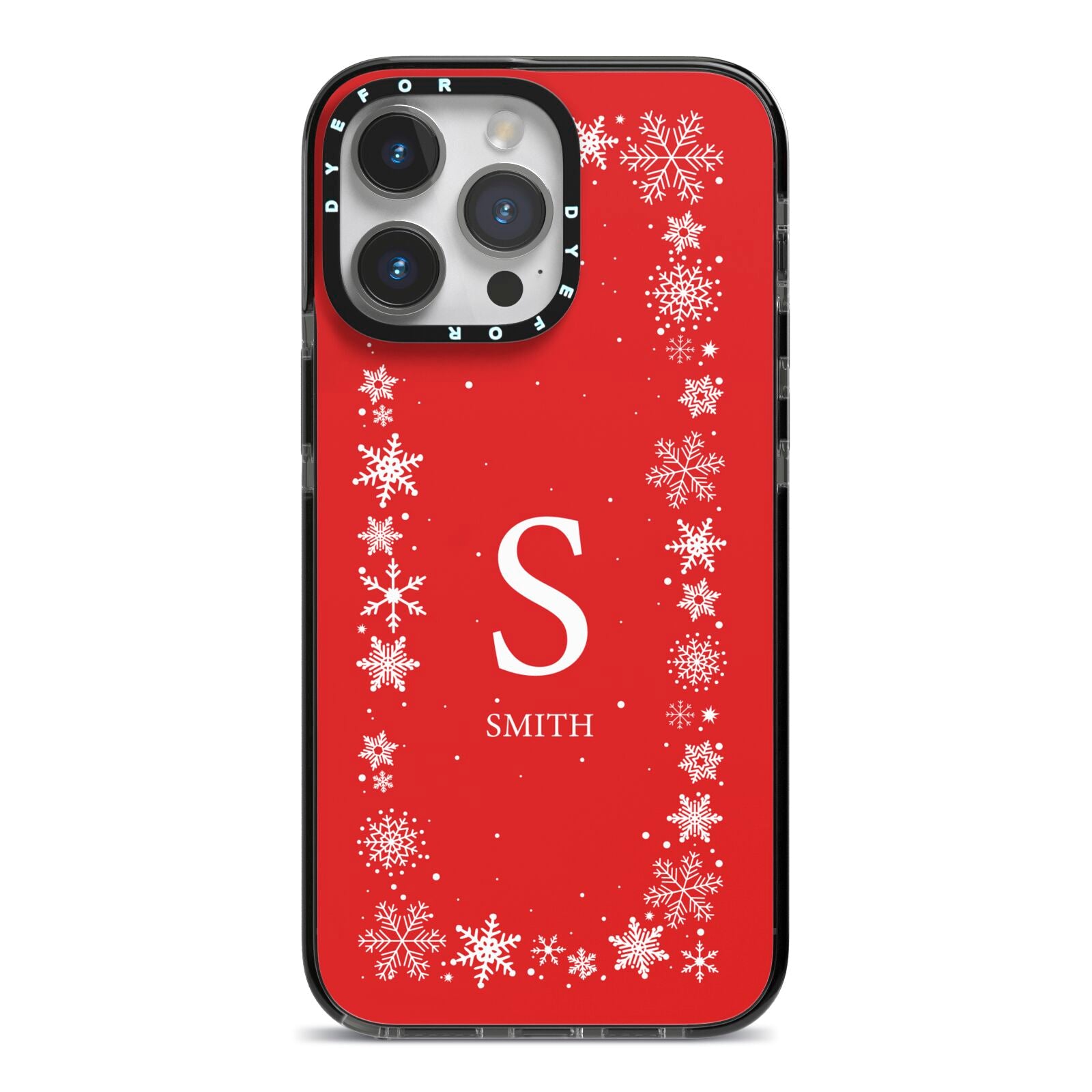 Festive Monogram Personalised iPhone 14 Pro Max Black Impact Case on Silver phone