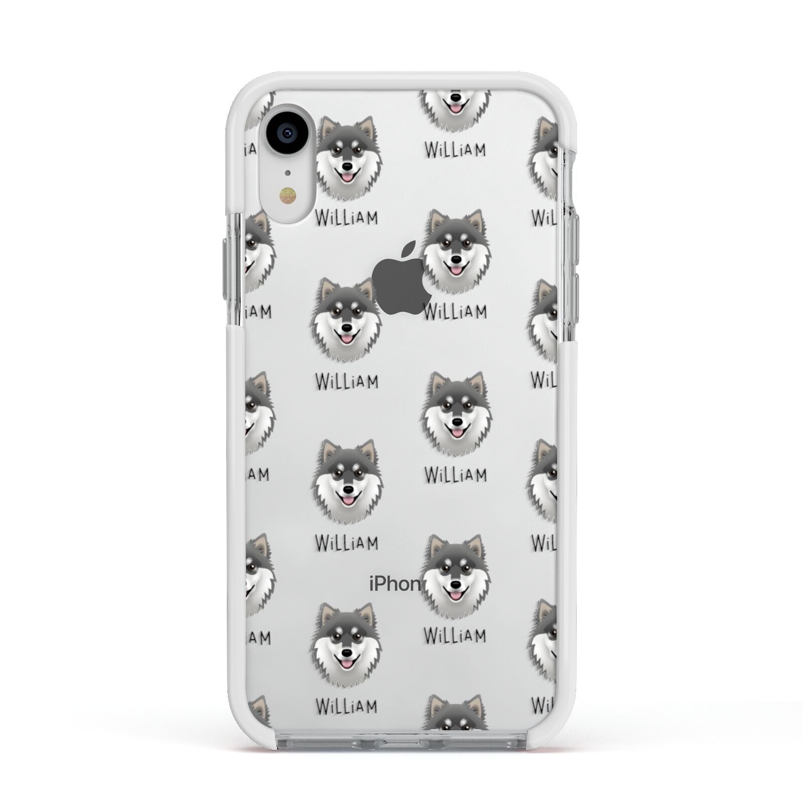 Finnish Lapphund Icon with Name Apple iPhone XR Impact Case White Edge on Silver Phone