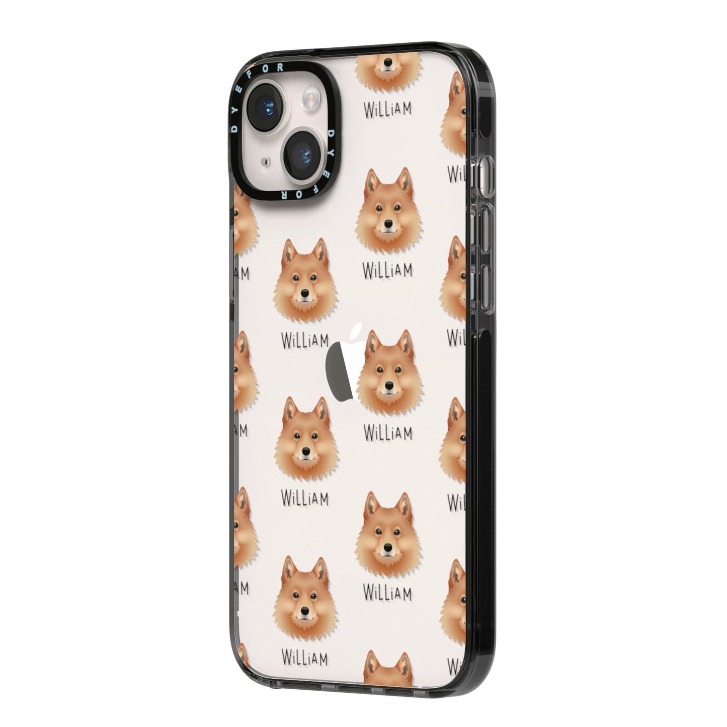 Finnish Spitz Icon with Name iPhone 14 Plus Black Impact Case Side Angle on Silver phone