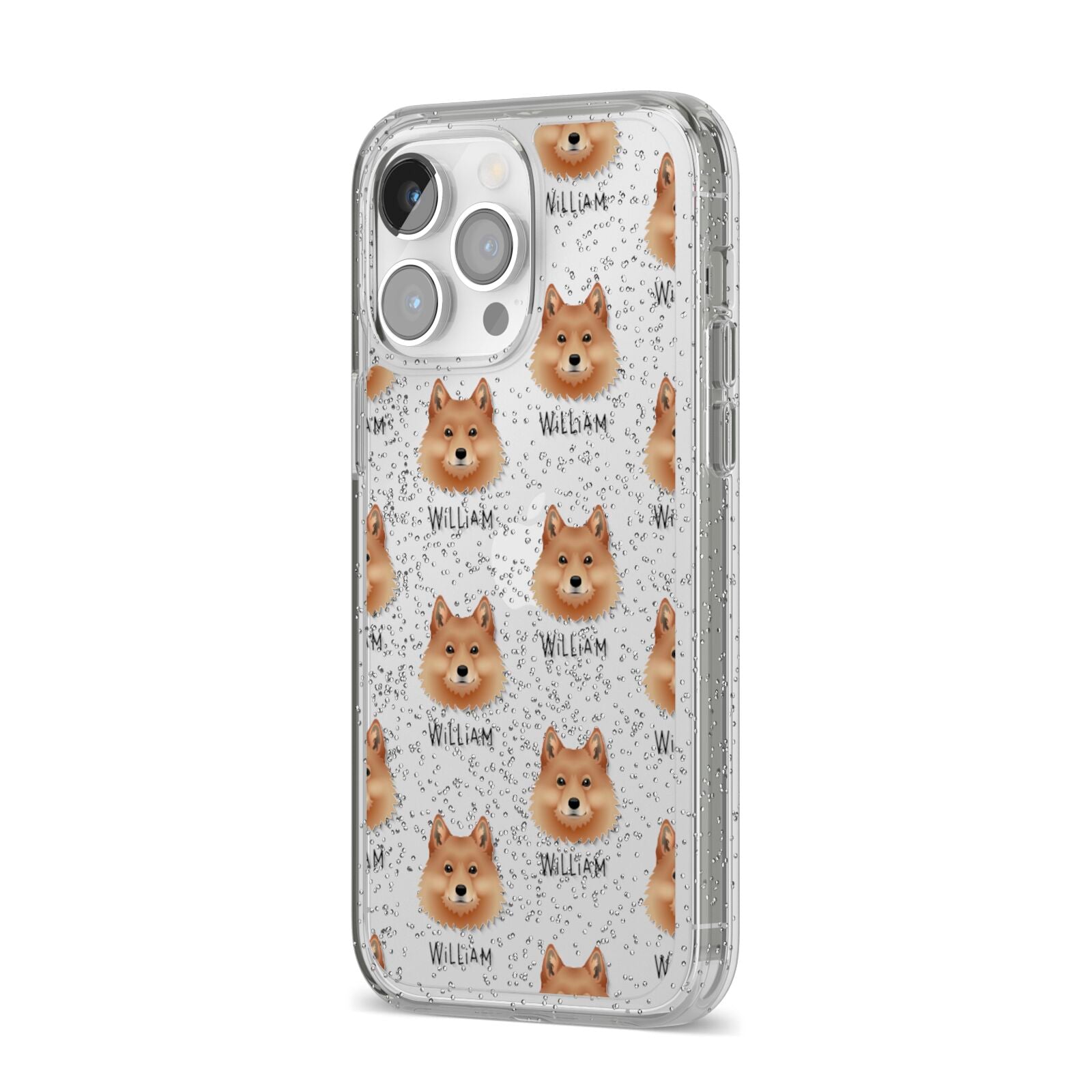 Finnish Spitz Icon with Name iPhone 14 Pro Max Glitter Tough Case Silver Angled Image