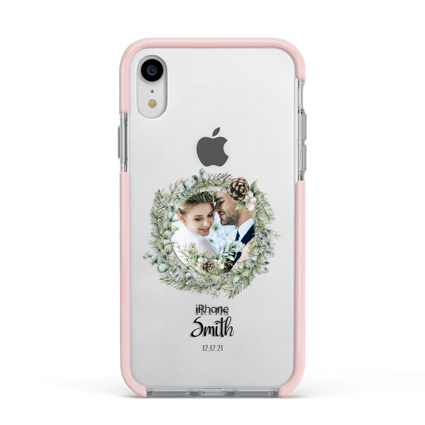 First Christmas Married Photo Apple iPhone XR Impact Case Pink Edge on Silver Phone