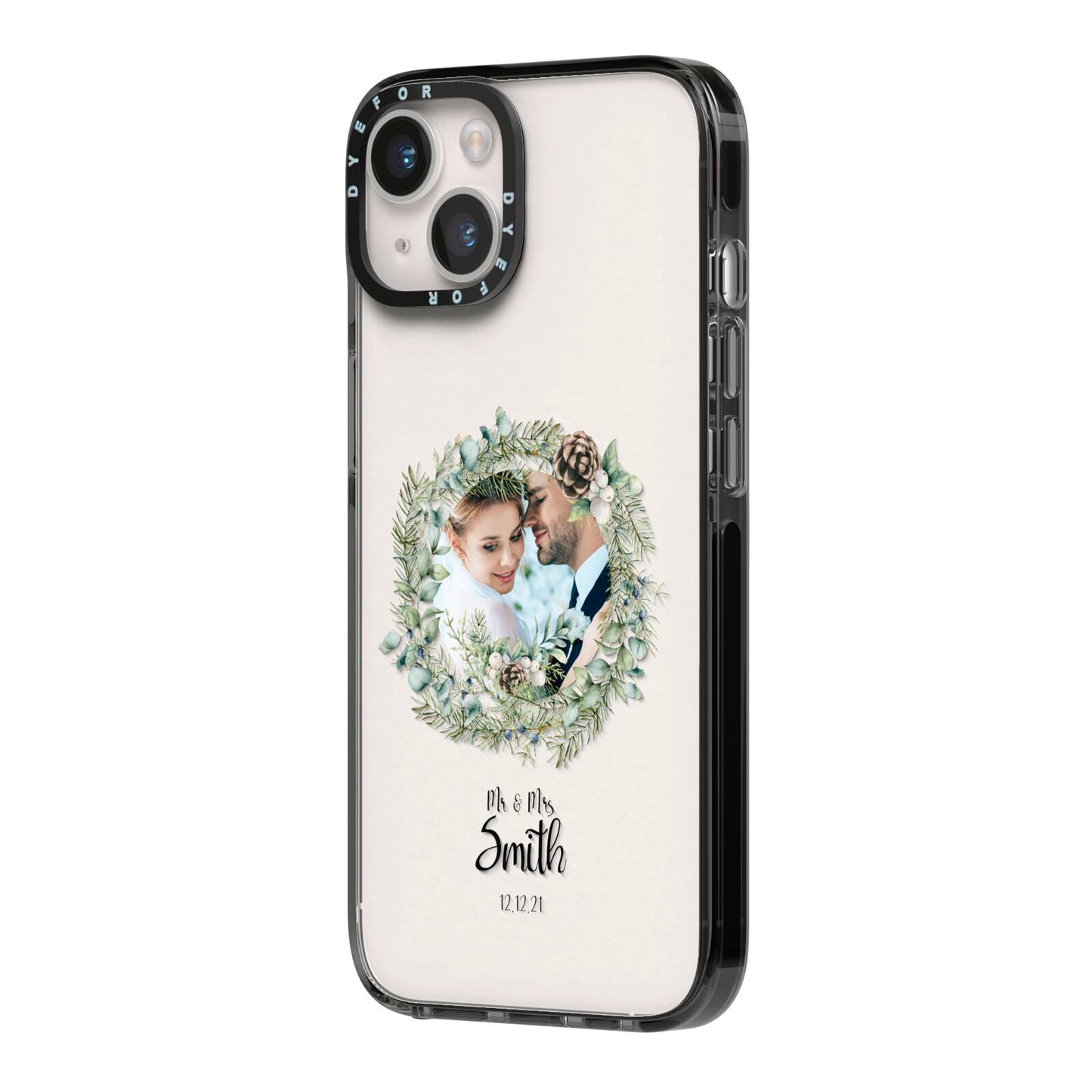 First Christmas Married Photo iPhone 14 Black Impact Case Side Angle on Silver phone