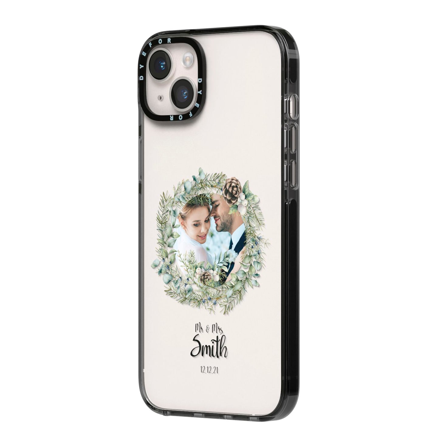 First Christmas Married Photo iPhone 14 Plus Black Impact Case Side Angle on Silver phone