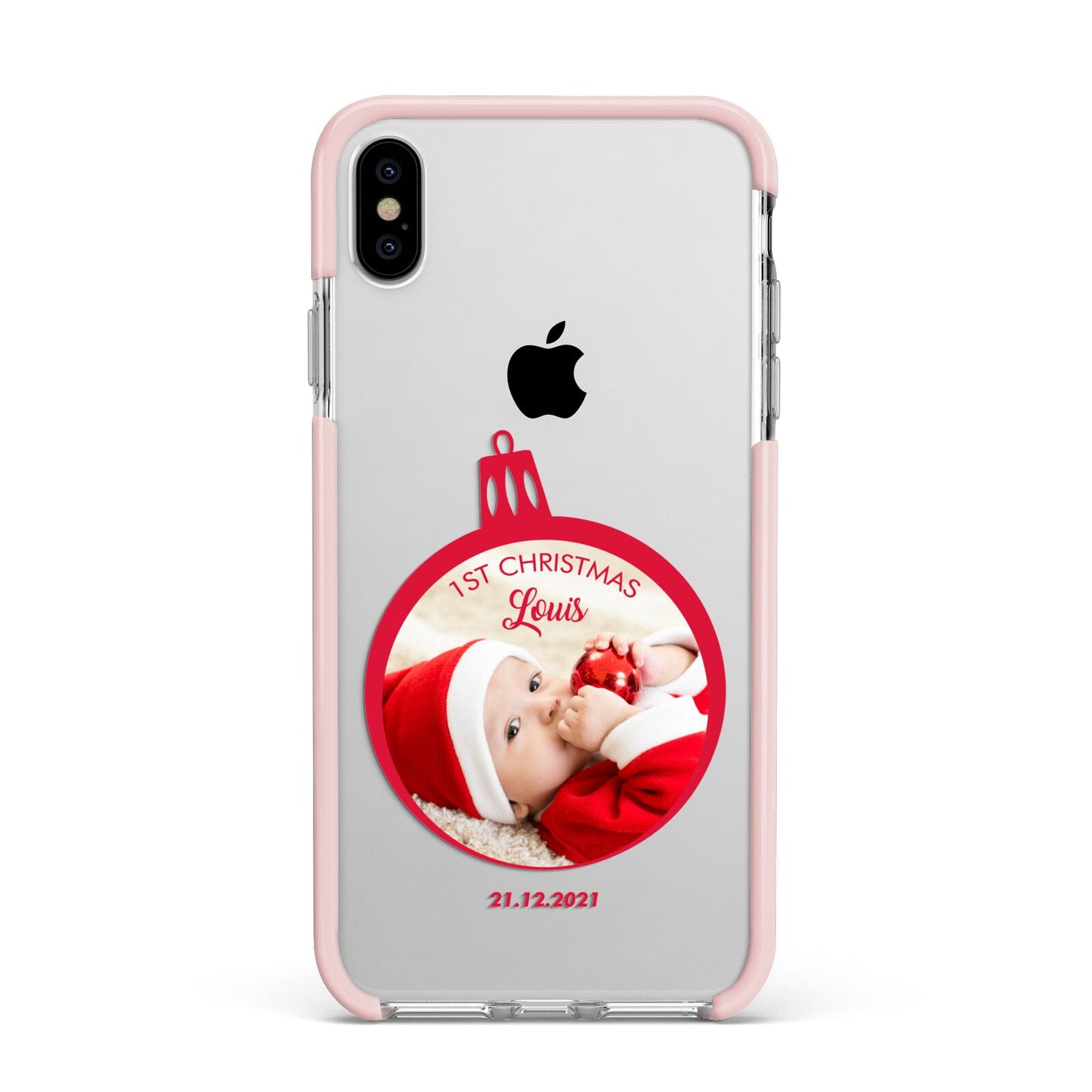 First Christmas Personalised Photo Apple iPhone Xs Max Impact Case Pink Edge on Silver Phone