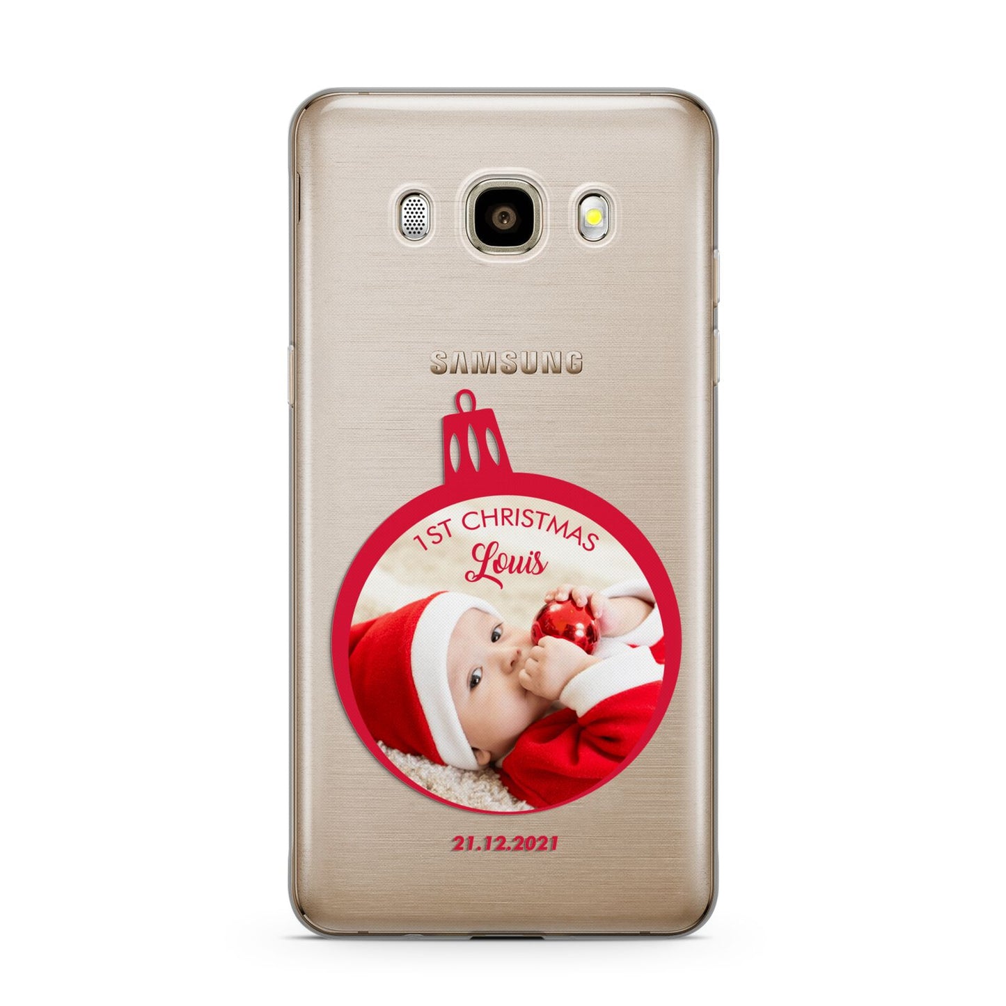 First Christmas Personalised Photo Samsung Galaxy J7 2016 Case on gold phone