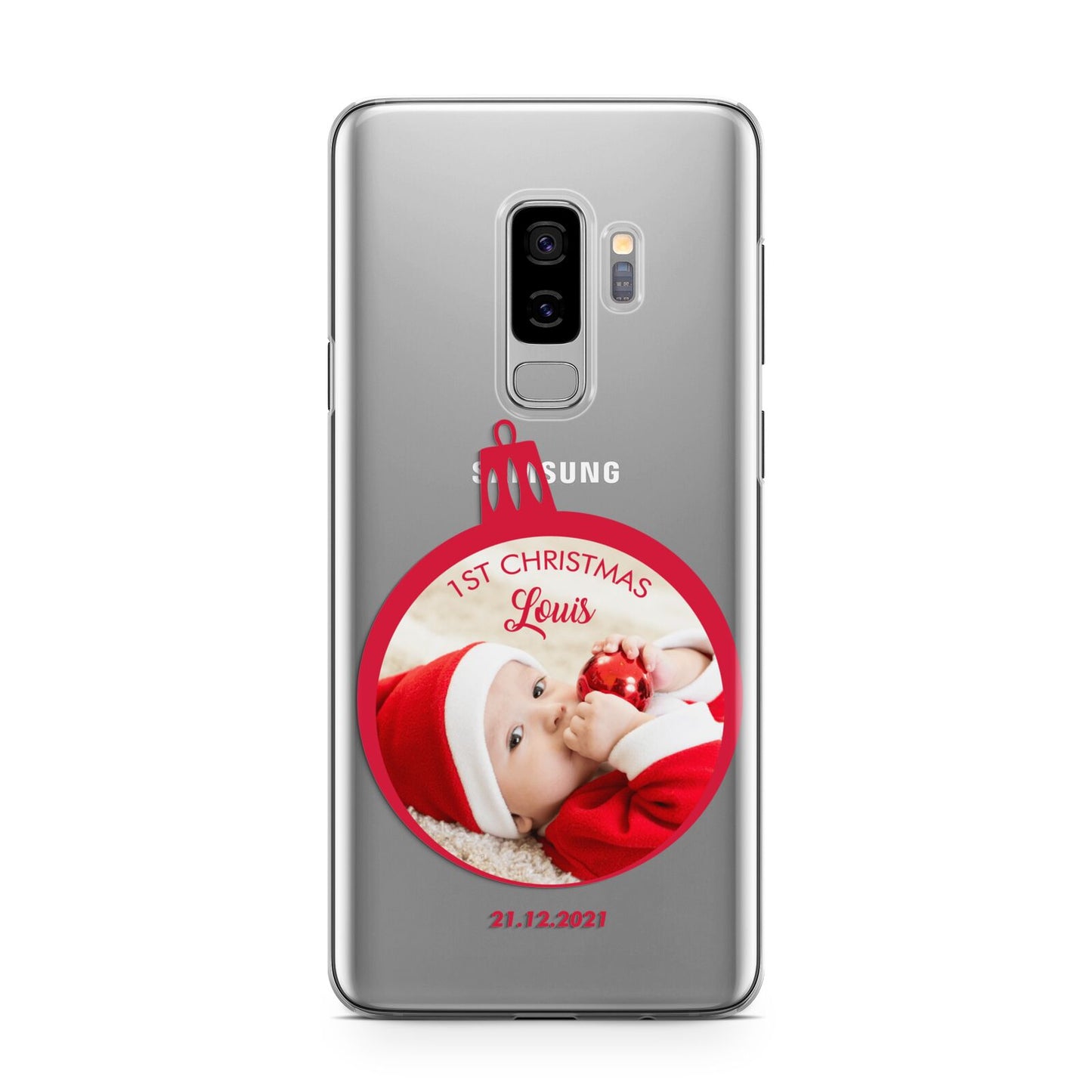 First Christmas Personalised Photo Samsung Galaxy S9 Plus Case on Silver phone