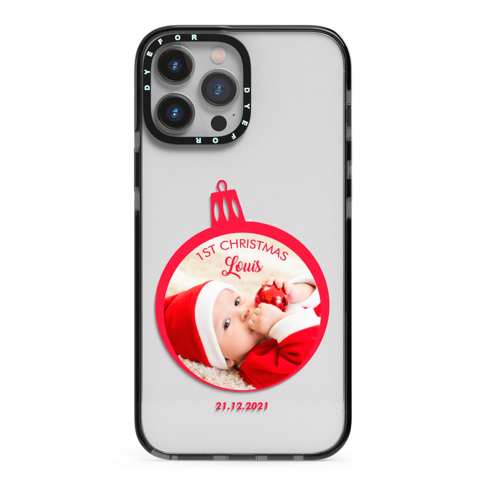 First Christmas Personalised Photo iPhone 13 Pro Max Black Impact Case on Silver phone