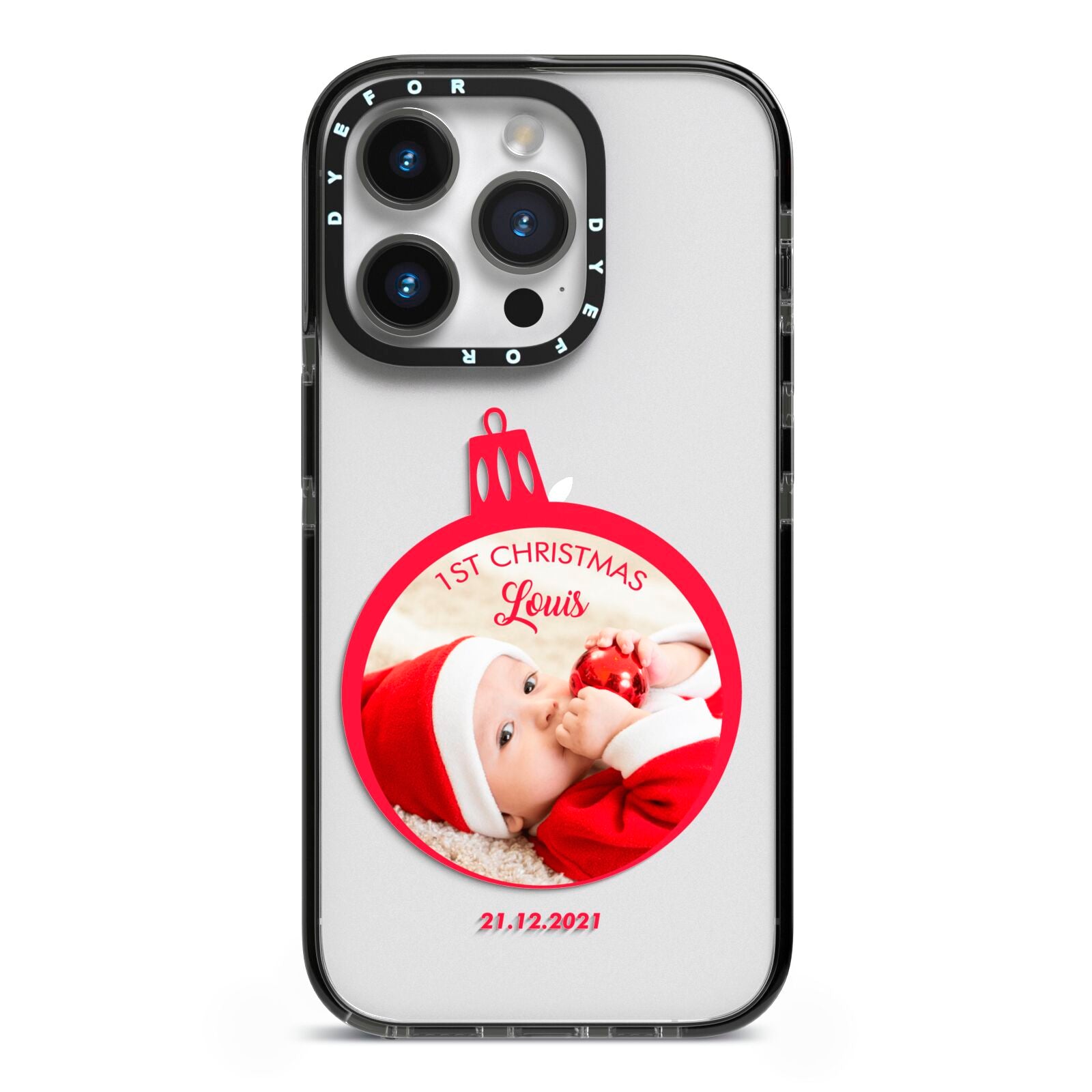 First Christmas Personalised Photo iPhone 14 Pro Black Impact Case on Silver phone