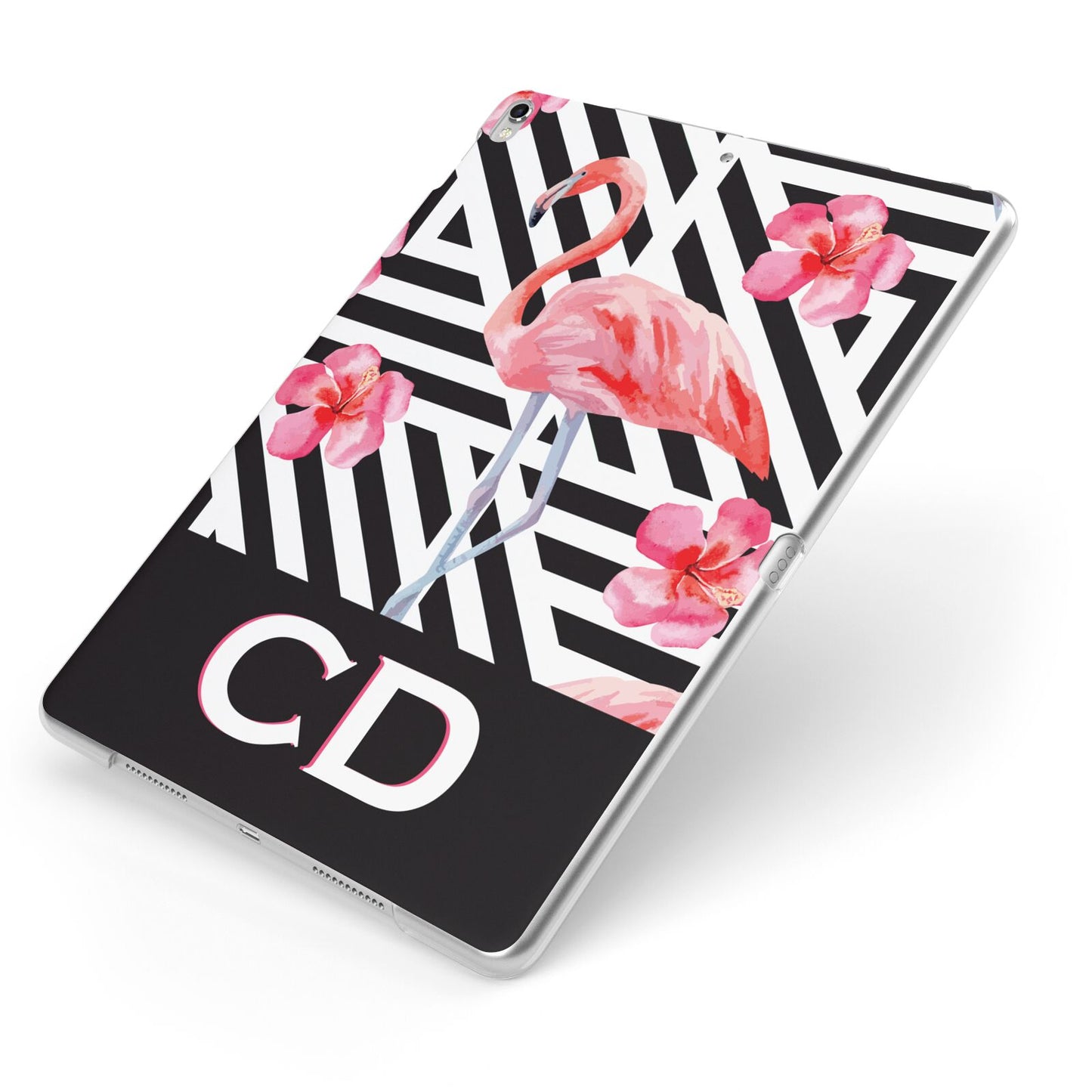 Flamingo Black Geometric Apple iPad Case on Silver iPad Side View