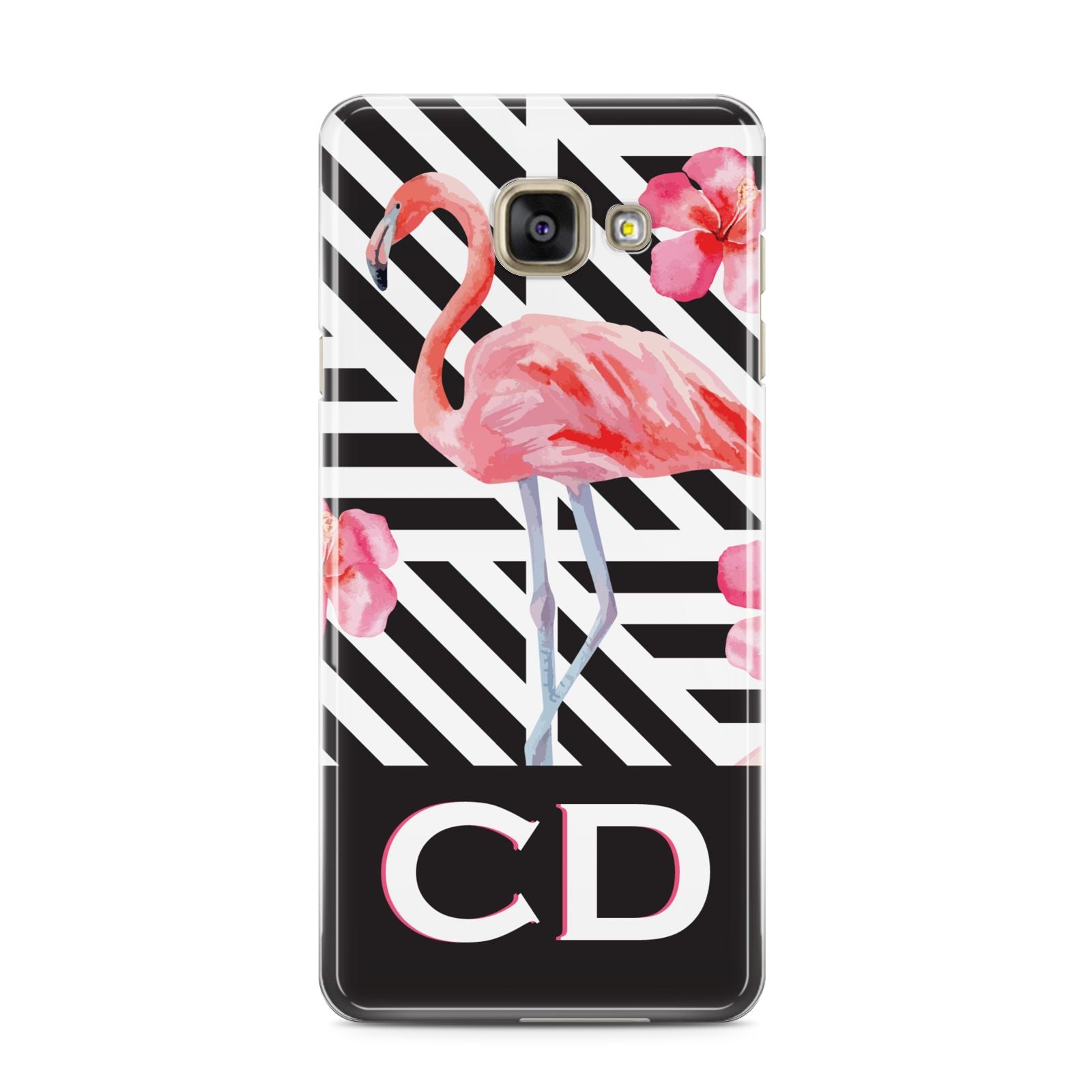 Flamingo Black Geometric Samsung Galaxy A3 2016 Case on gold phone