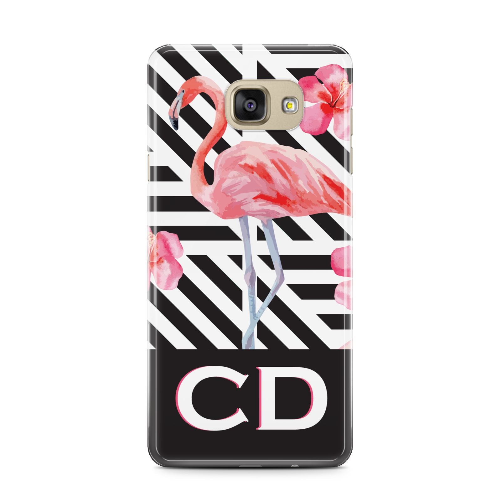 Flamingo Black Geometric Samsung Galaxy A7 2016 Case on gold phone