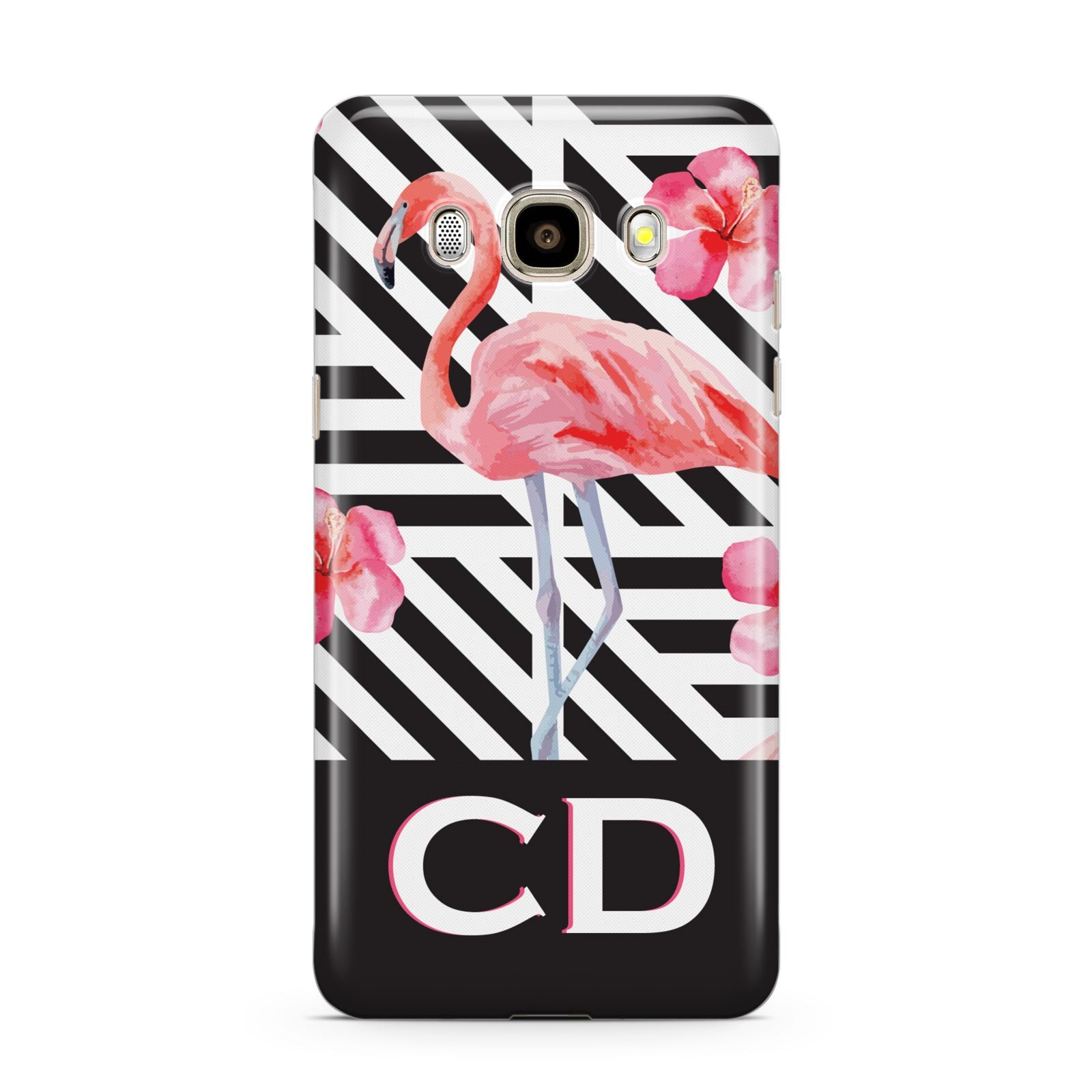 Flamingo Black Geometric Samsung Galaxy J7 2016 Case on gold phone