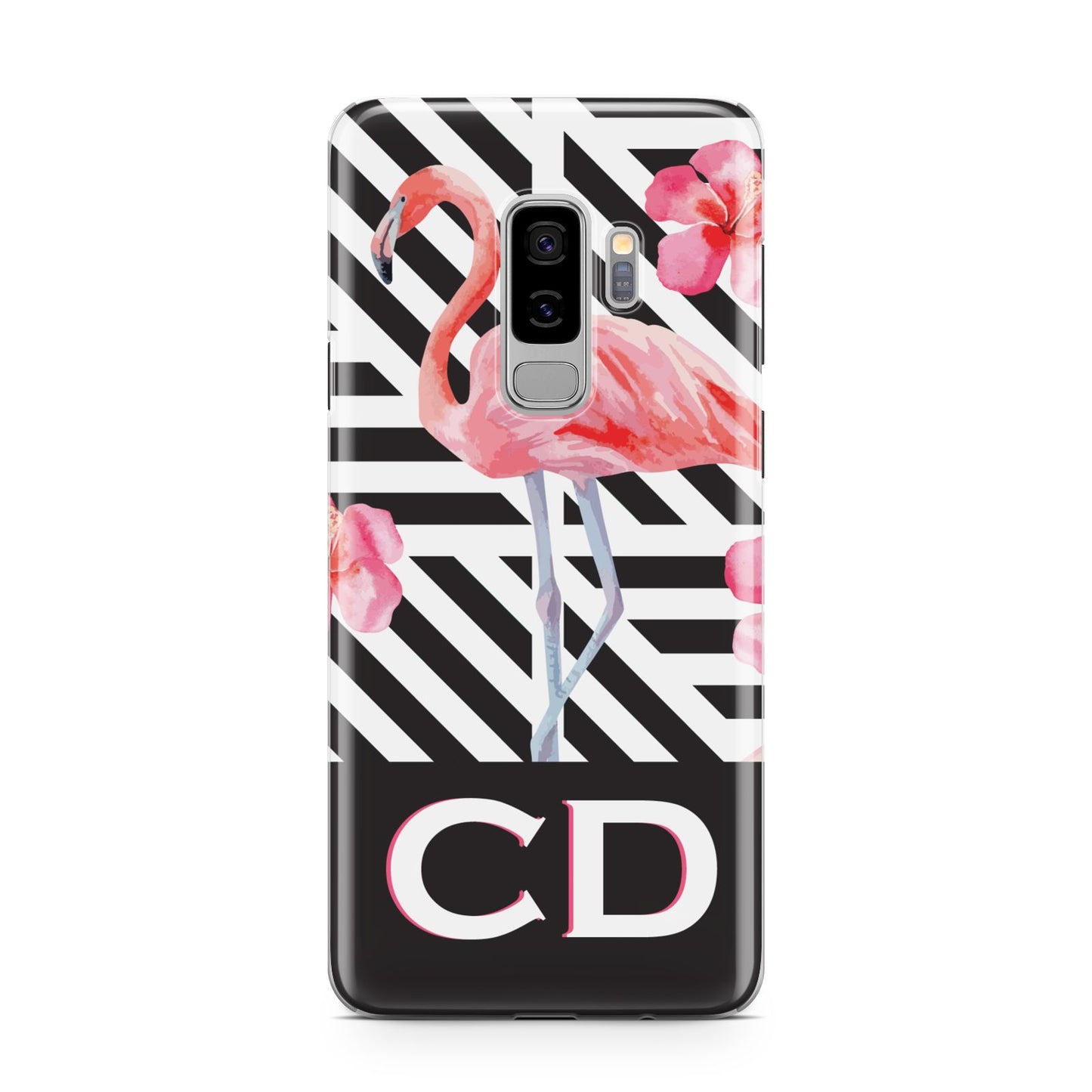 Flamingo Black Geometric Samsung Galaxy S9 Plus Case on Silver phone