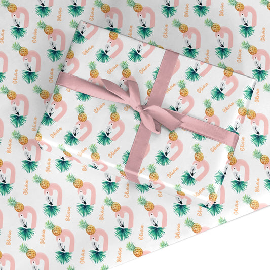 Flamingo and Pineapple with Name Custom Wrapping Paper