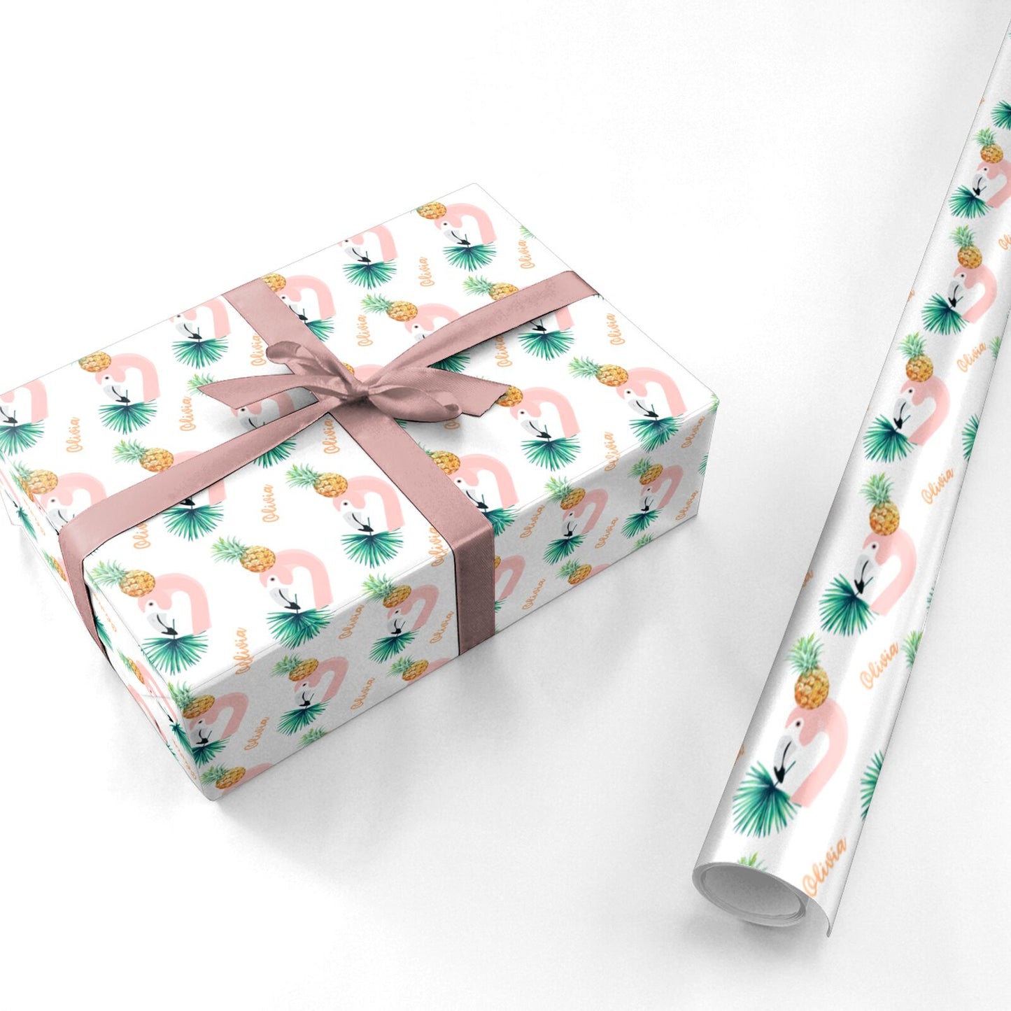 Flamingo and Pineapple with Name Personalised Wrapping Paper