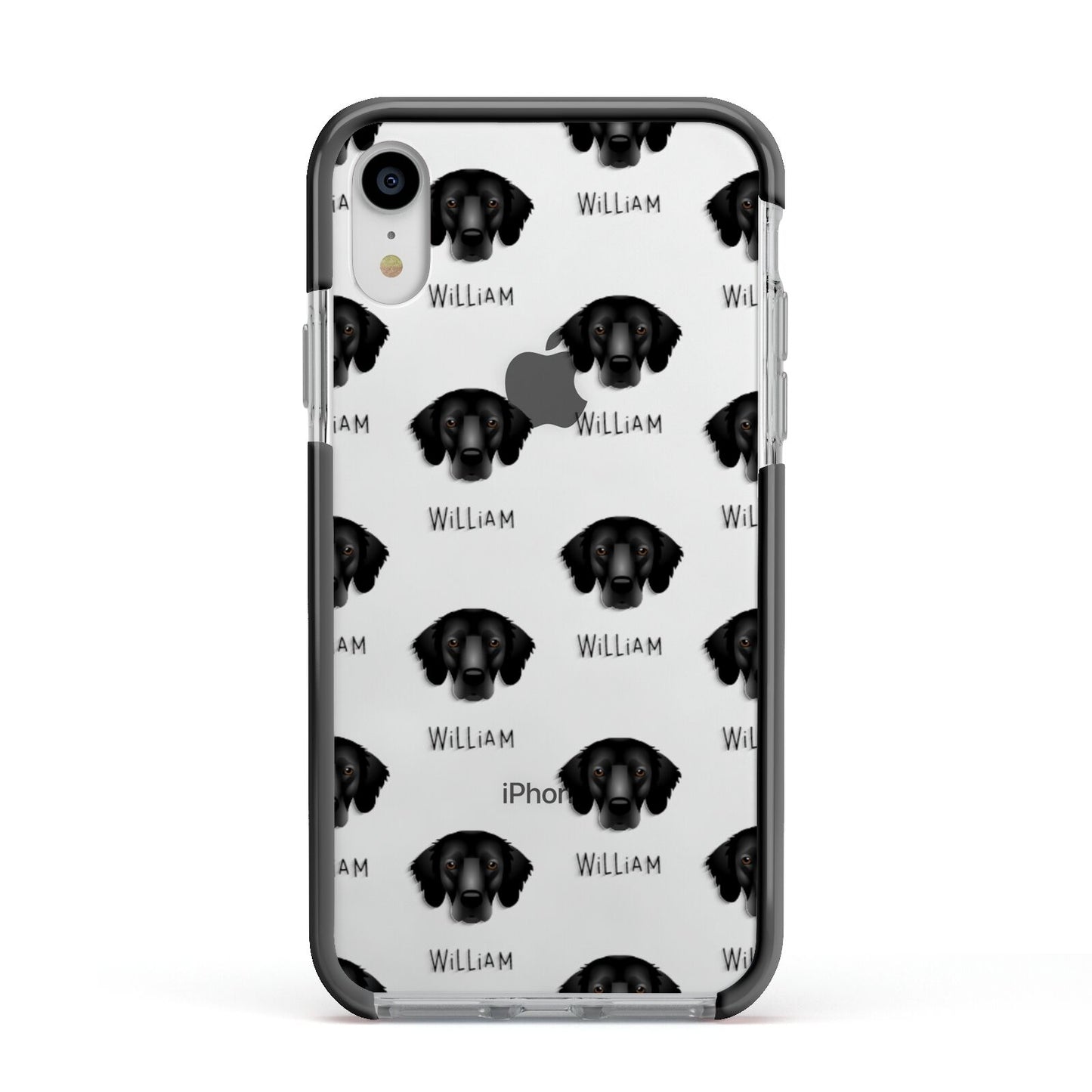 Flat Coated Retriever Icon with Name Apple iPhone XR Impact Case Black Edge on Silver Phone