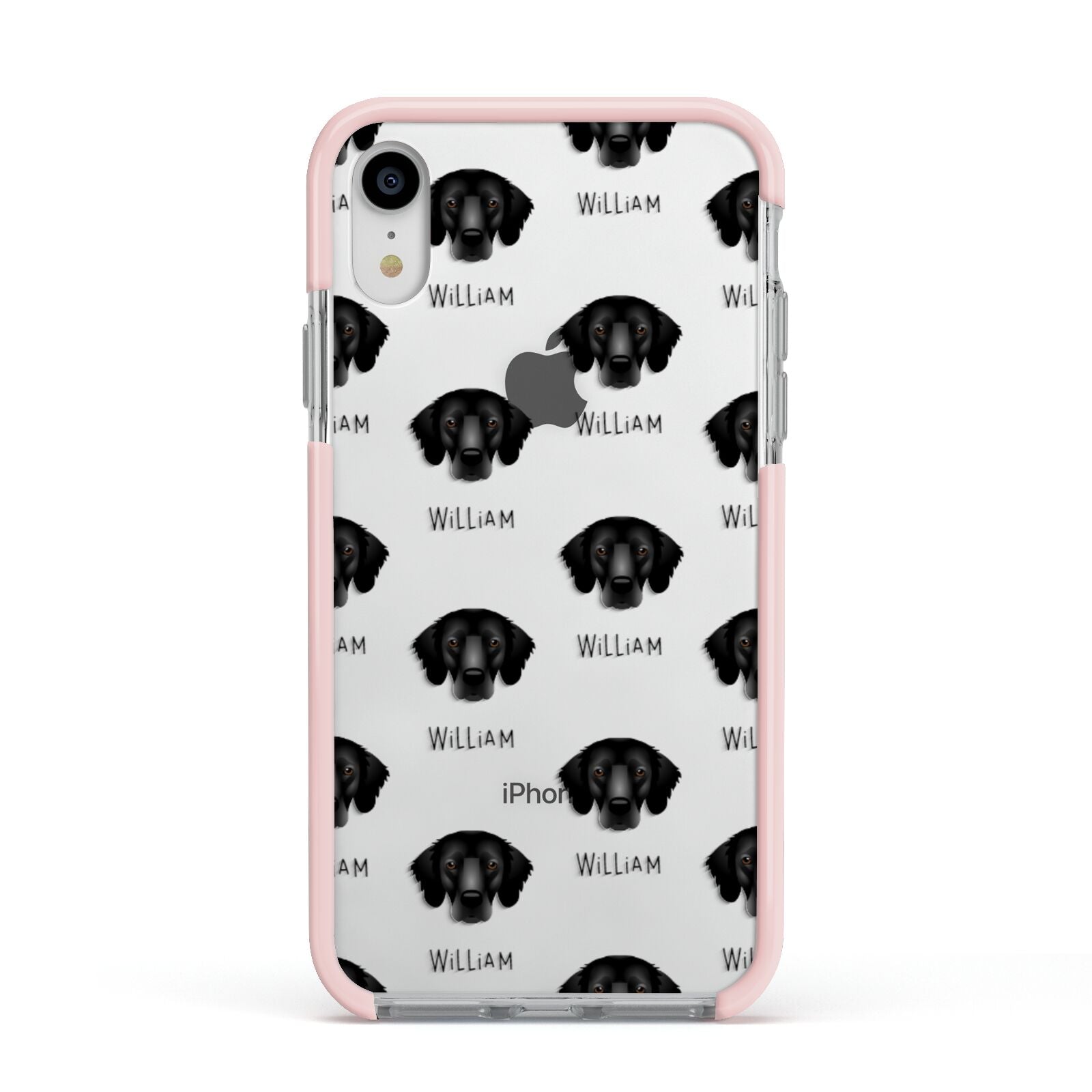 Flat Coated Retriever Icon with Name Apple iPhone XR Impact Case Pink Edge on Silver Phone