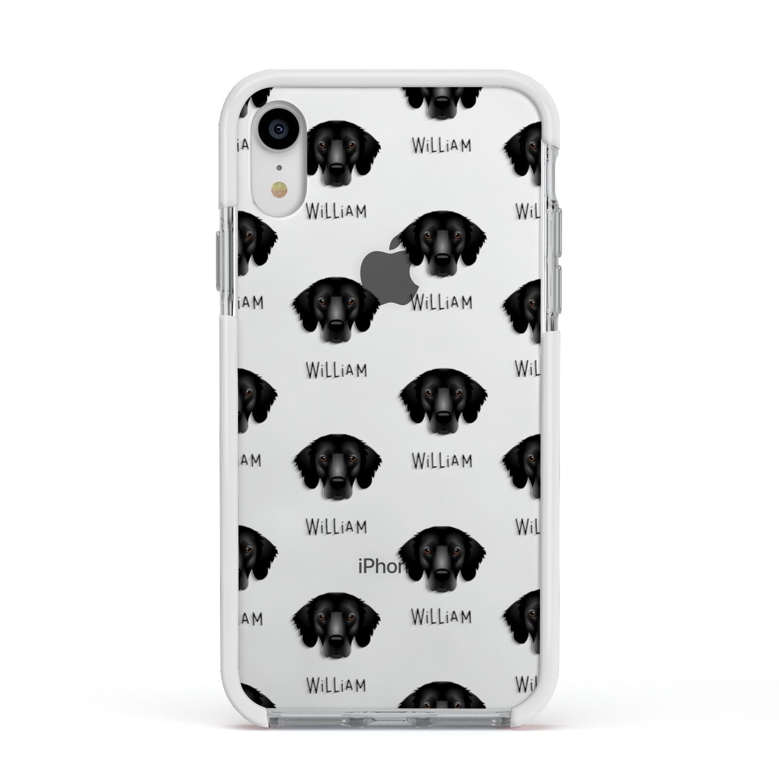 Flat Coated Retriever Icon with Name Apple iPhone XR Impact Case White Edge on Silver Phone