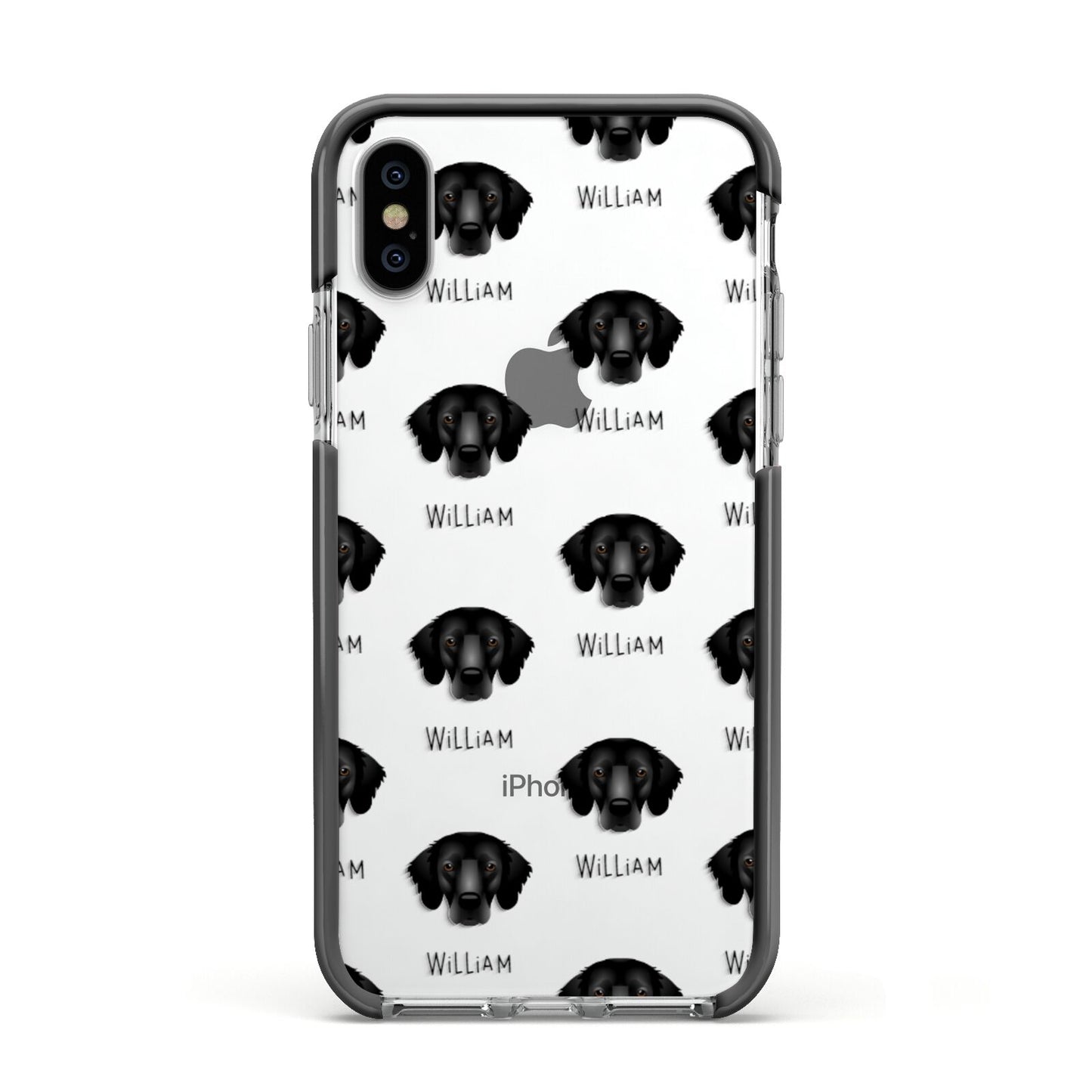 Flat Coated Retriever Icon with Name Apple iPhone Xs Impact Case Black Edge on Silver Phone