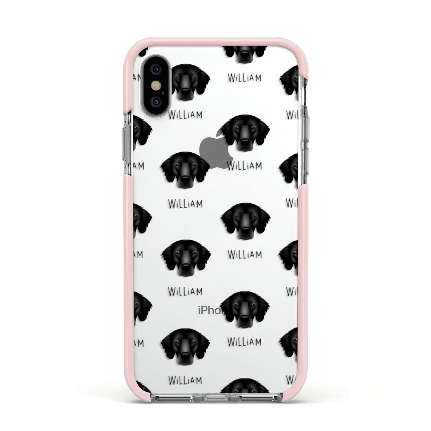 Flat Coated Retriever Icon with Name Apple iPhone Xs Impact Case Pink Edge on Silver Phone
