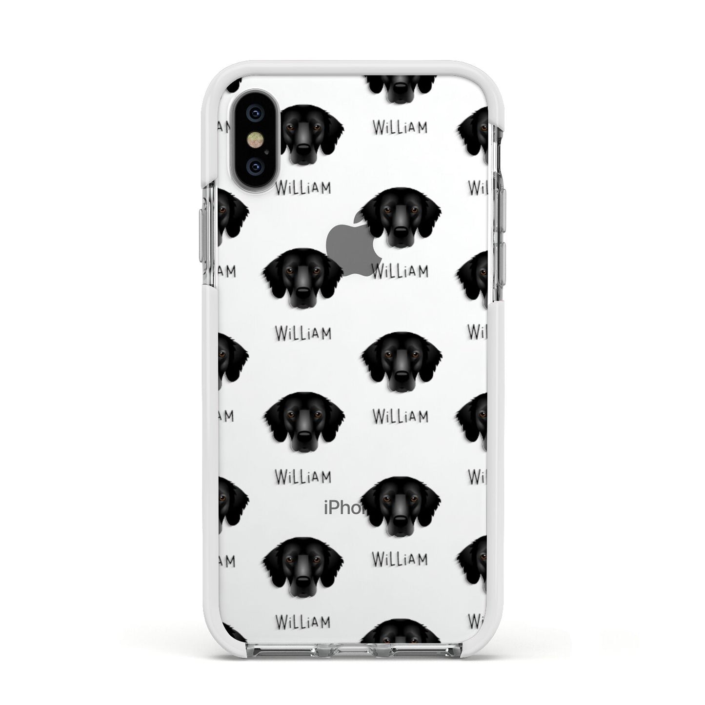 Flat Coated Retriever Icon with Name Apple iPhone Xs Impact Case White Edge on Silver Phone