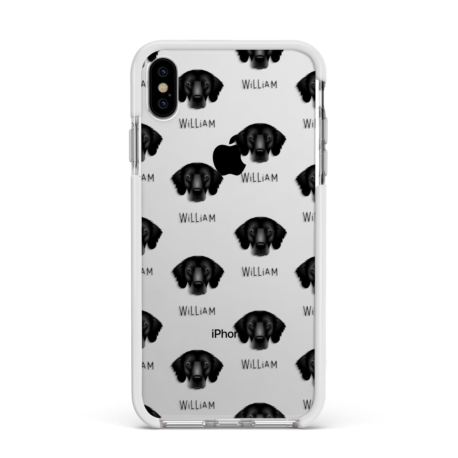 Flat Coated Retriever Icon with Name Apple iPhone Xs Max Impact Case White Edge on Silver Phone