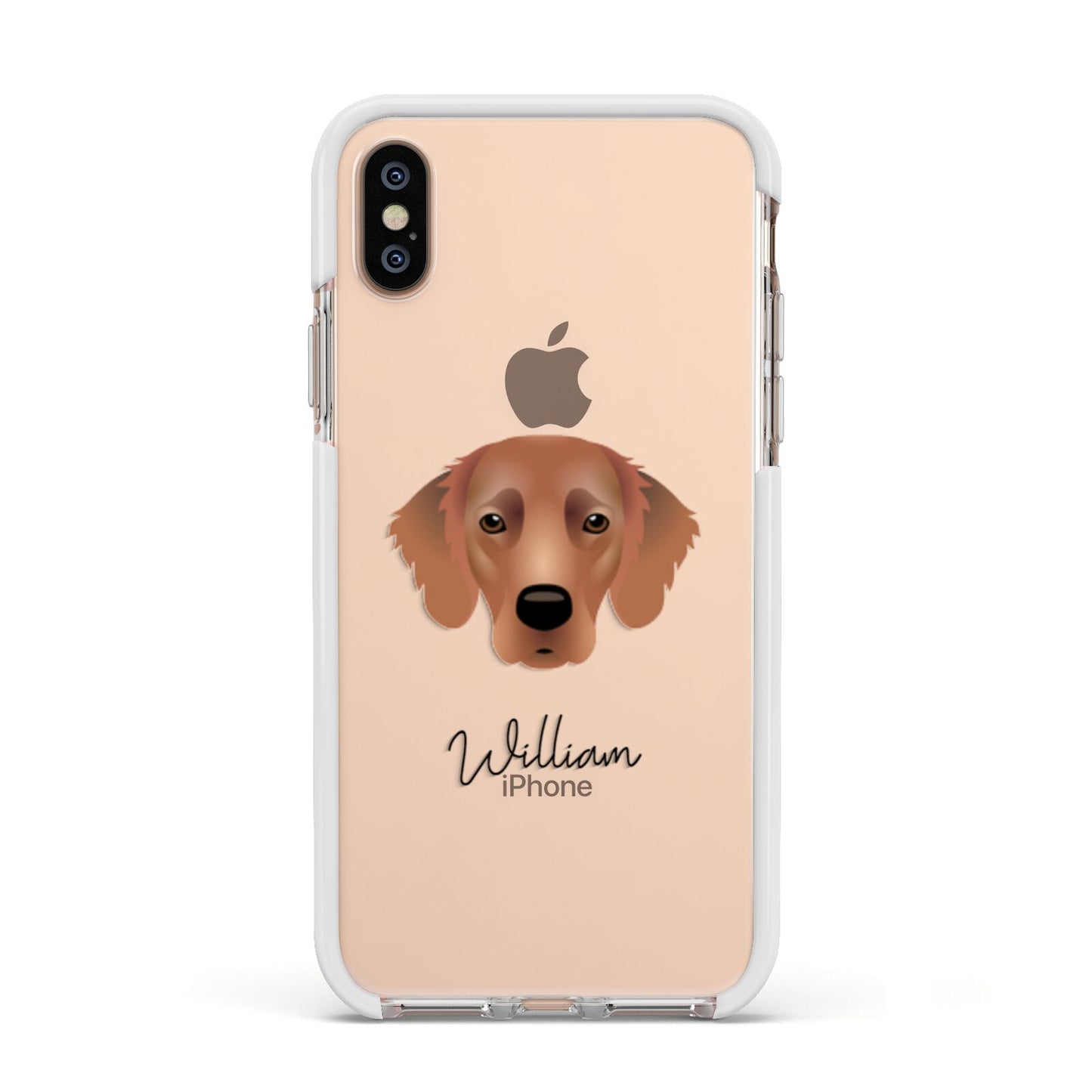 Flat Coated Retriever Personalised Apple iPhone Xs Impact Case White Edge on Gold Phone