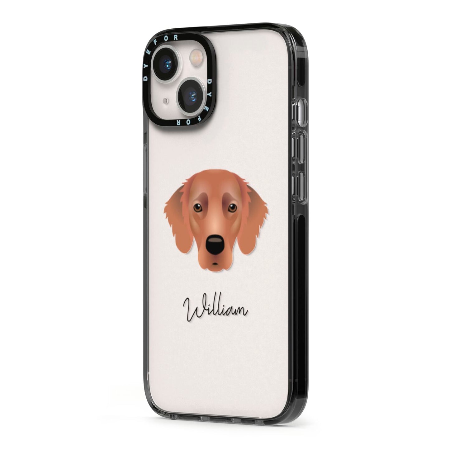 Flat Coated Retriever Personalised iPhone 13 Black Impact Case Side Angle on Silver phone