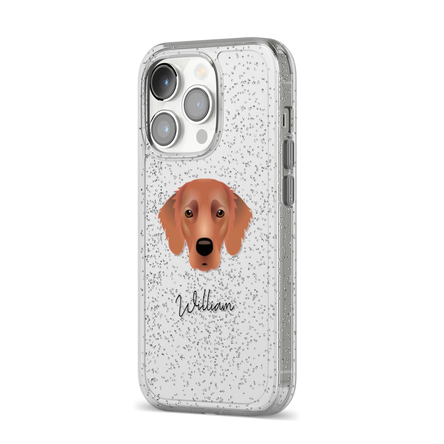 Flat Coated Retriever Personalised iPhone 14 Pro Glitter Tough Case Silver Angled Image