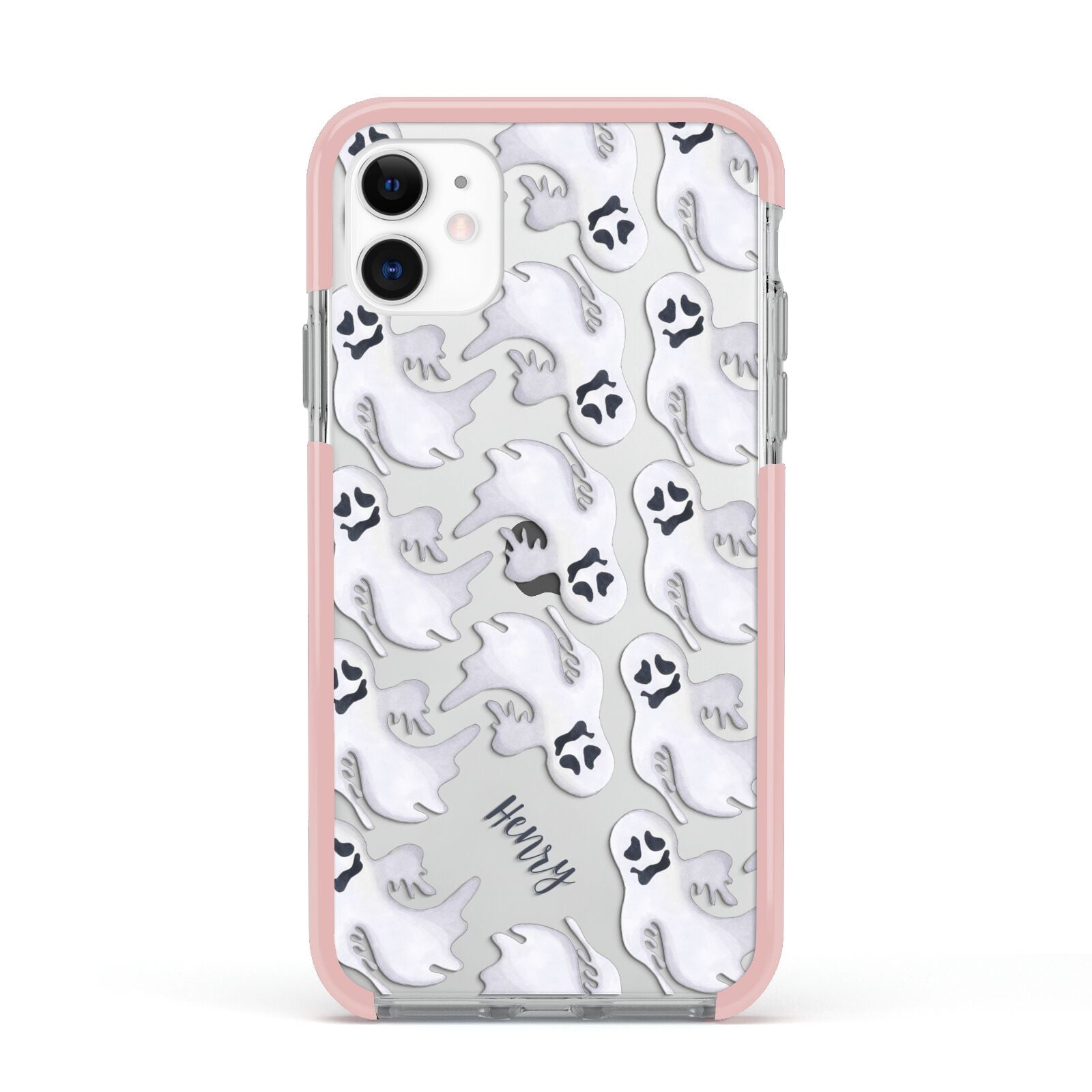 Floaty Ghosts Personalised Apple iPhone 11 in White with Pink Impact Case