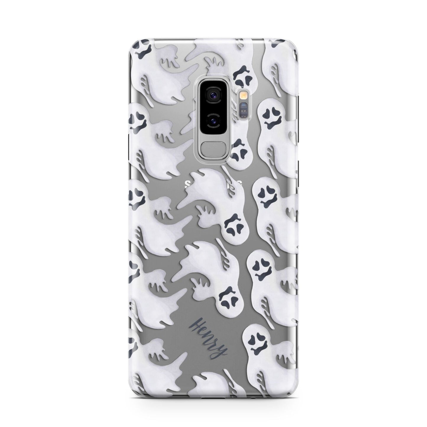 Floaty Ghosts Personalised Samsung Galaxy S9 Plus Case on Silver phone