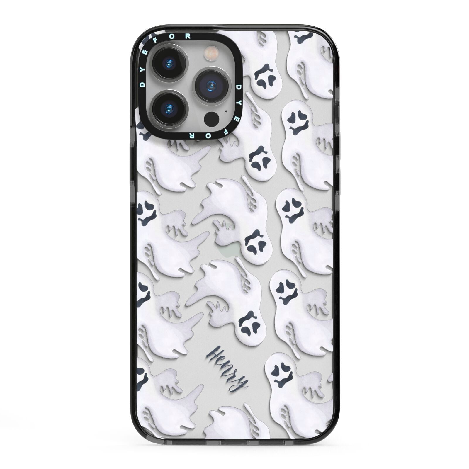 Floaty Ghosts Personalised iPhone 13 Pro Max Black Impact Case on Silver phone