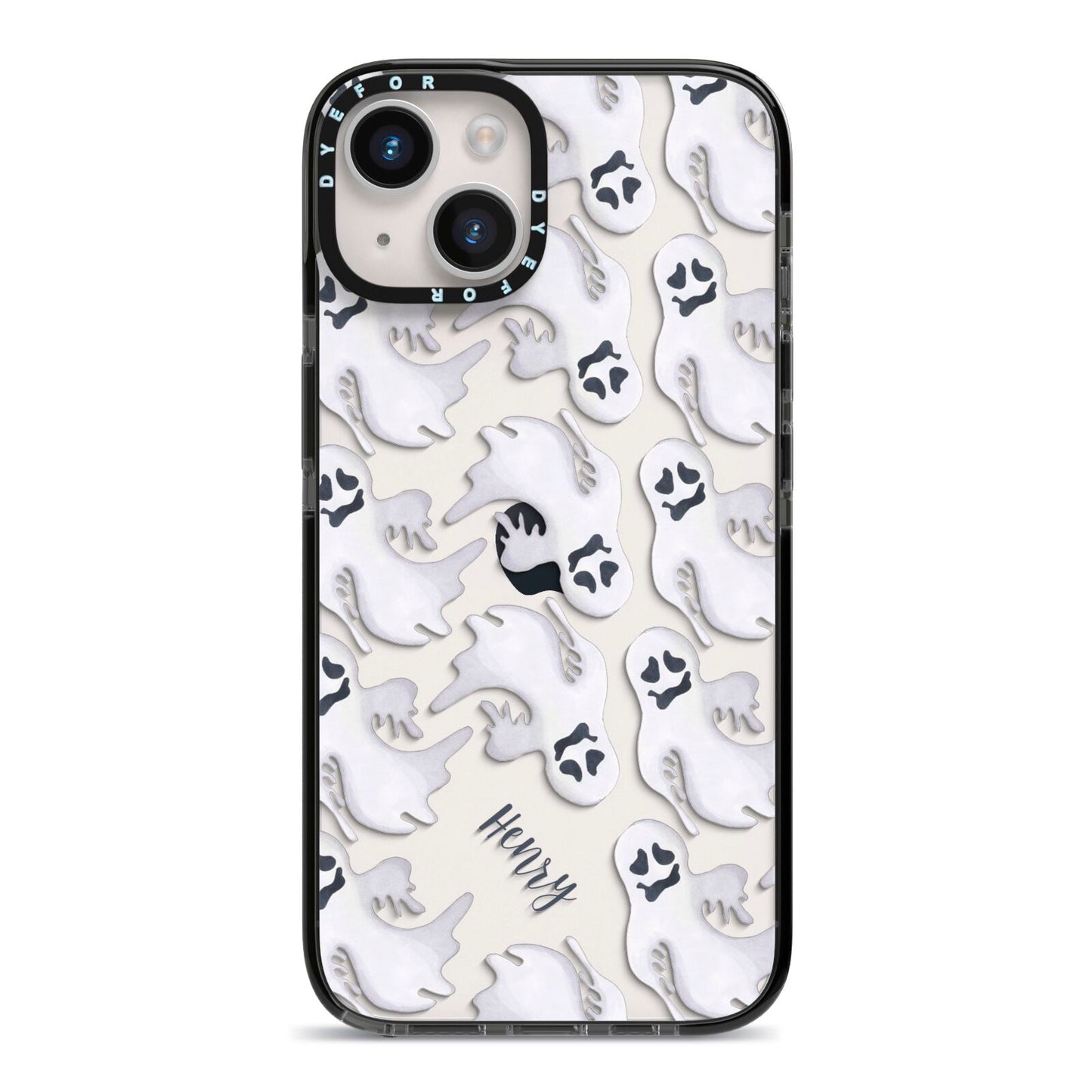 Floaty Ghosts Personalised iPhone 14 Black Impact Case on Silver phone