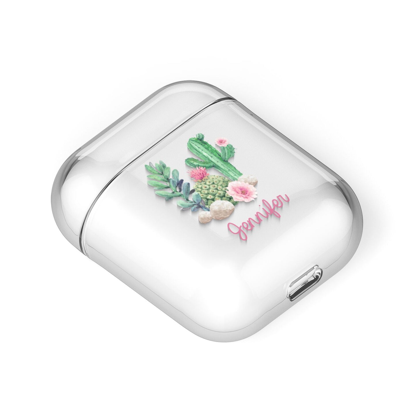 Floral Cactus Print with Name AirPods Case Laid Flat