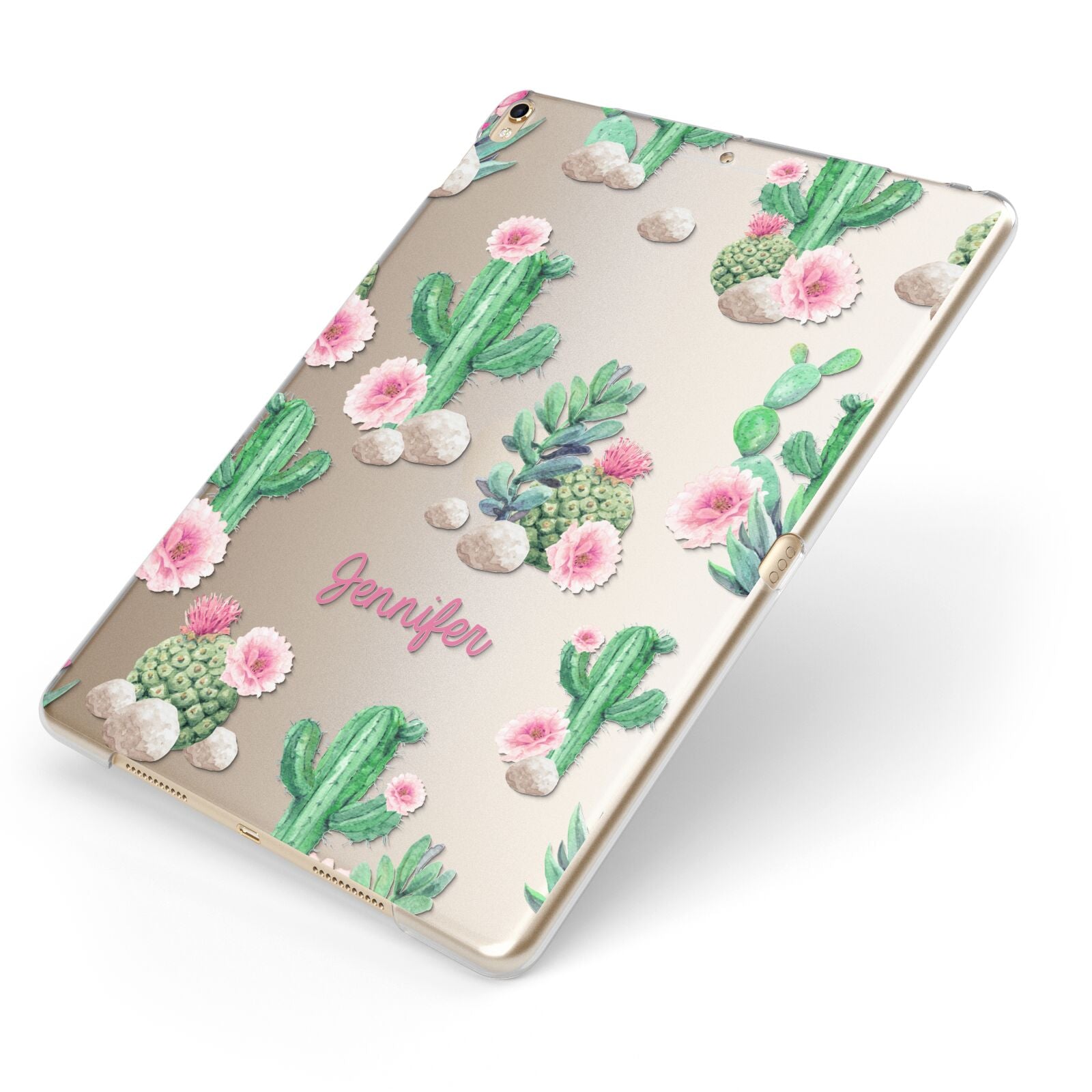 Floral Cactus Print with Name Apple iPad Case on Gold iPad Side View