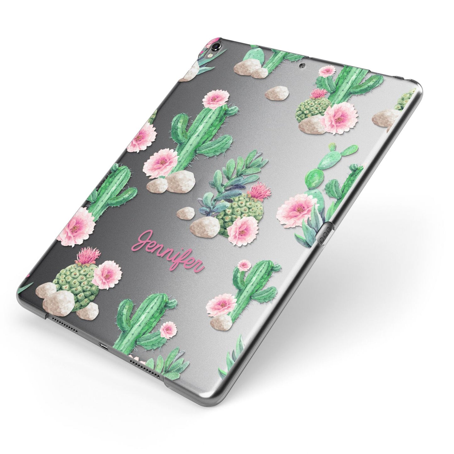 Floral Cactus Print with Name Apple iPad Case on Grey iPad Side View