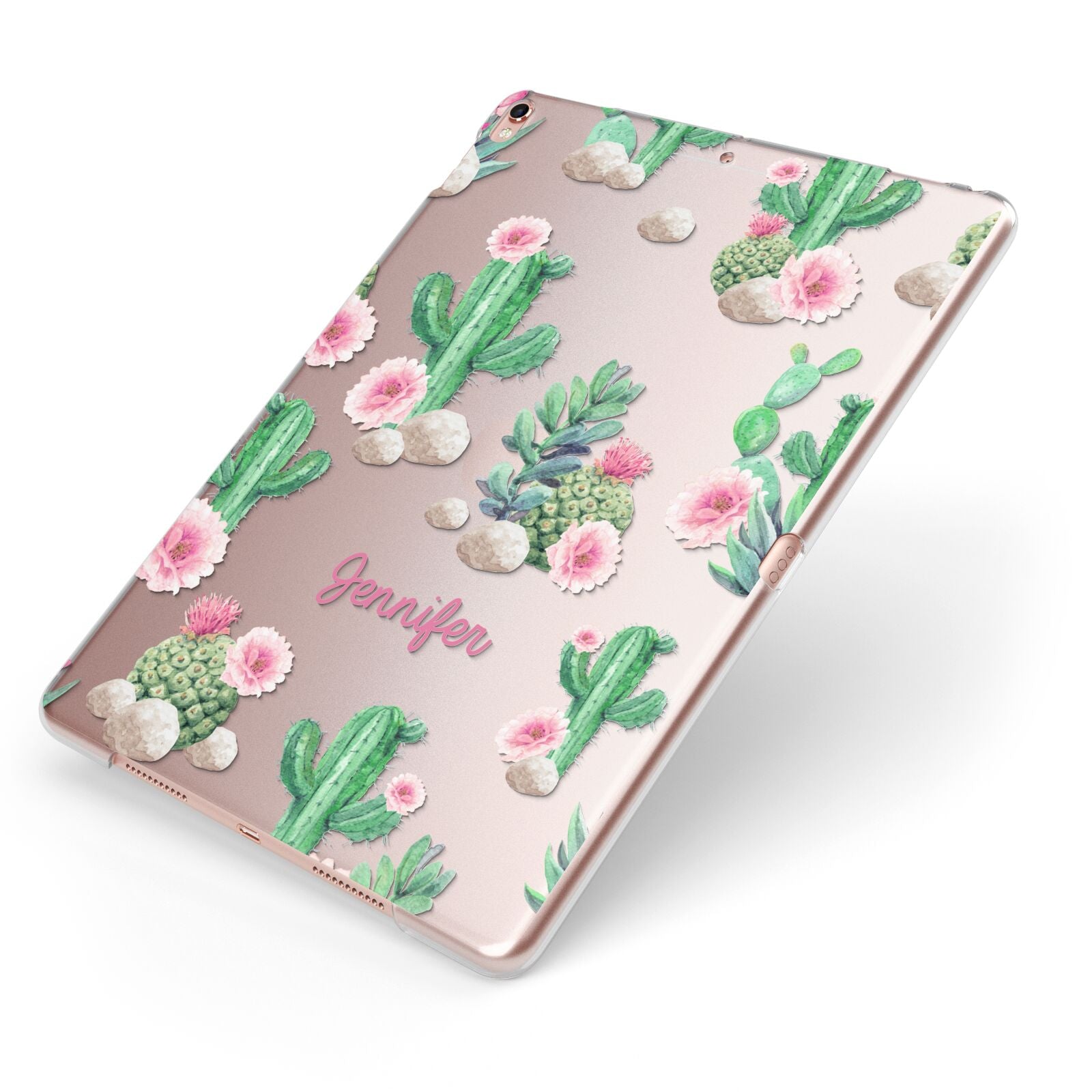 Floral Cactus Print with Name Apple iPad Case on Rose Gold iPad Side View